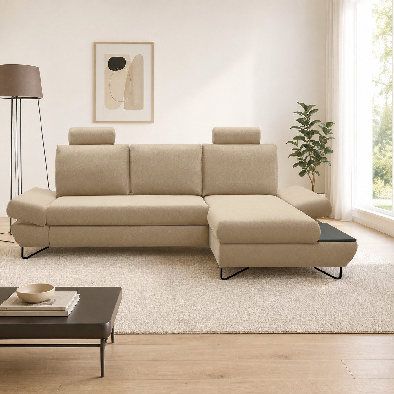 Goldstoff Ecksofa "LOFT" mit Schlaffunktion und Bettkasten L Form Couch Modern, Wohnlandschaft Eckcouch mit Bettfunktion und Stauraum Modern 1 Teile, Günstiges Ecksofa L Form mit Relaxfunktion und Schlaffunktion