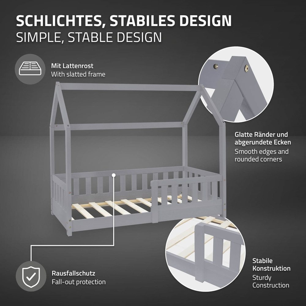 ML-DESIGN Spielbett Hausbett Kinderbett inkl. Lattenrost kreativ Bodenbett für Kinder, Abenteuerbett mit Rausfallschutz Kiefer Hellgrau Himmelbett Bettenhaus