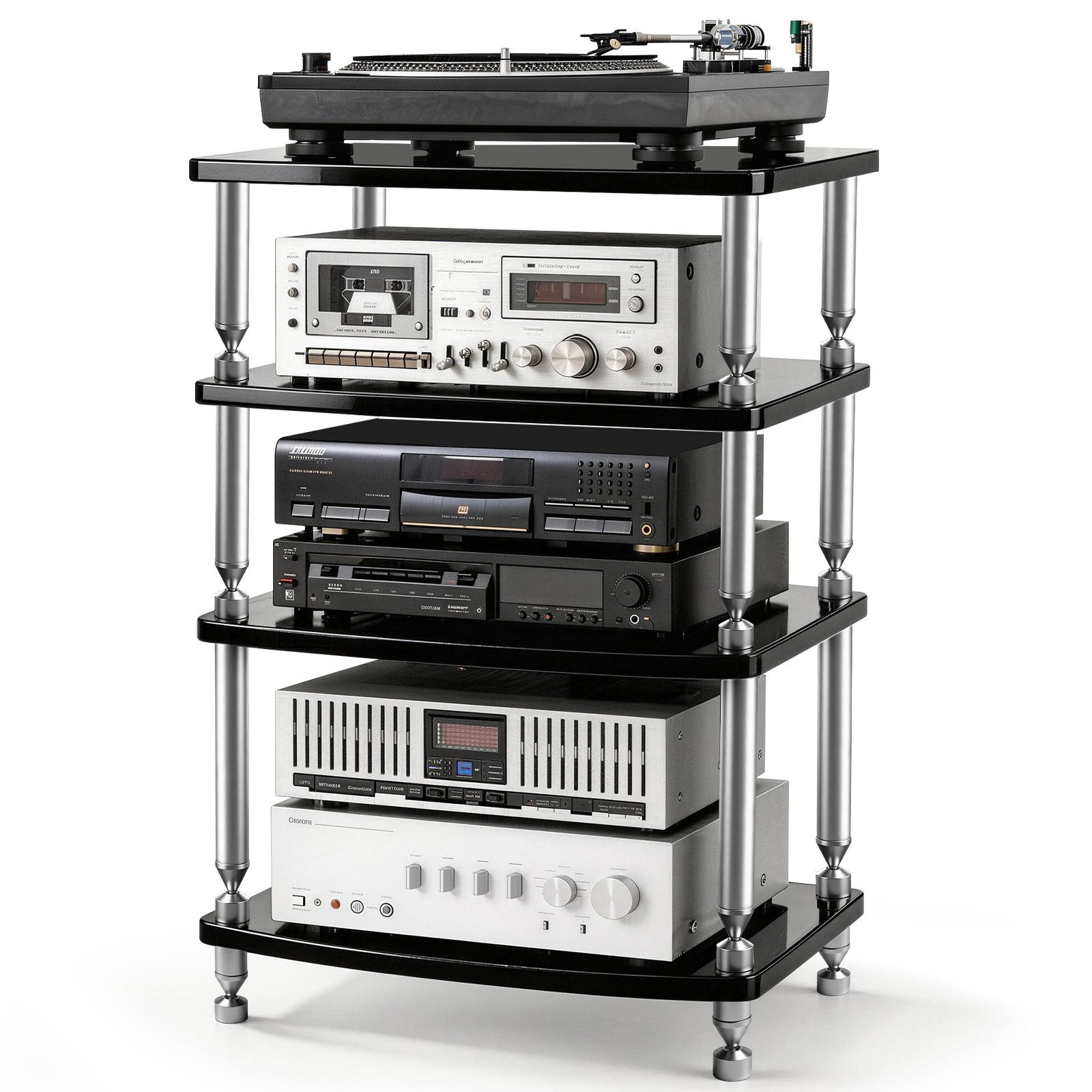 XERSEK Media-Regal HiFi Rack AV-Regal Phonoschrank Verstärker-Rack TV-Ständer 60×52×83 cm, 4-Stöckiges, Abstand Individuell Verstellbar für HiFi-Geräte