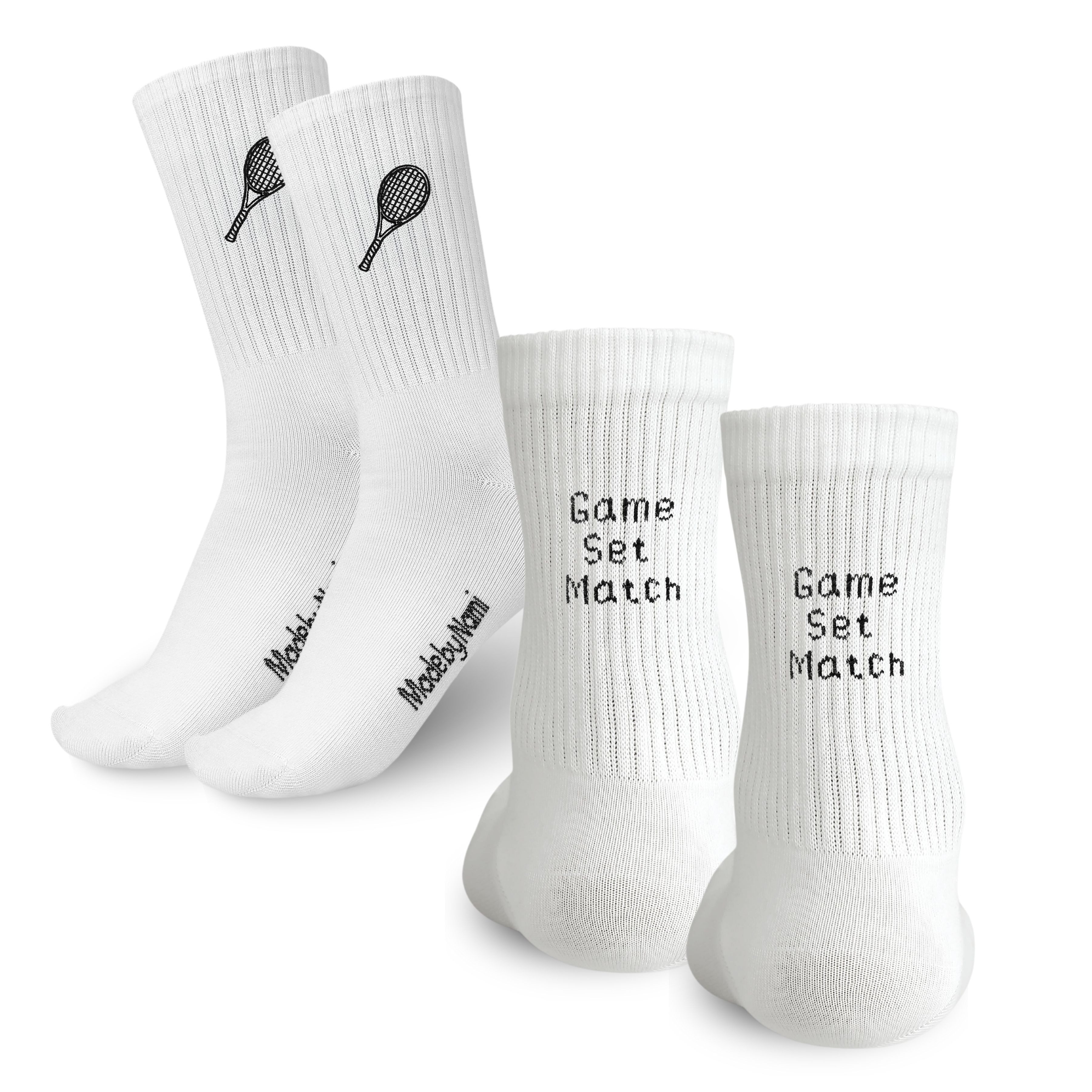 Socken Tennissocken weiß 2er Set mit Stickerei Game Set Match Größe 38–44
