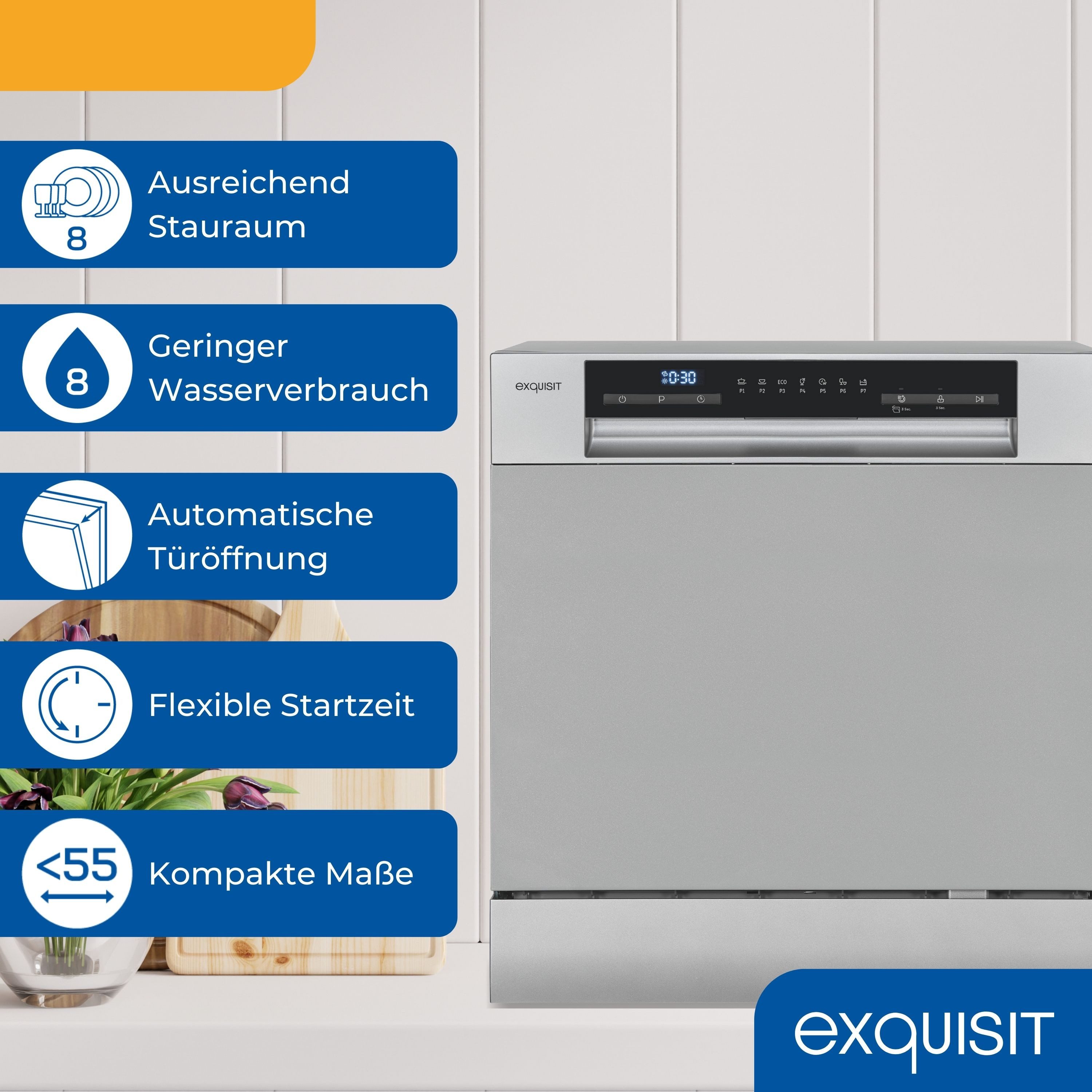 exquisit Tischgeschirrspüler GSP5508-030D, 8 l, 8 Maßgedecke, 8 Maßgedecke, 8 Liter, Auto-Door-Open, Startzeitvorwahl, Kompakt