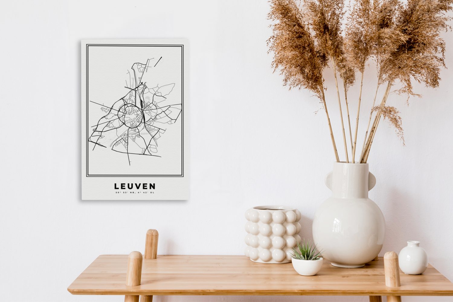 - St), (1 Grundriss, weiß Gemälde, und Belgien - Leinwandbild Leuven inkl. cm 20x30 Stadtplan - - bespannt Schwarz Karte - Leinwandbild fertig Zackenaufhänger, OneMillionCanvasses®