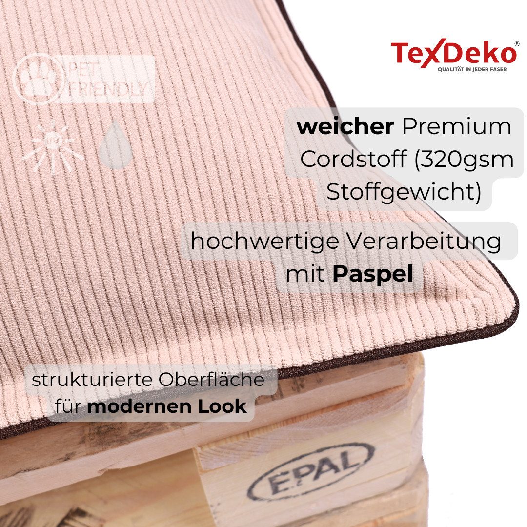 TexDeko Palettenkissen TexDeko Cord Seitenkissen (NUR Seitenkissen) wasserabweisend, Premium-Qualität, Cord (60x43x20cm)