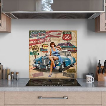 DEQORI Küchenrückwand 'Route 66-Plakat', Glas Spritzschutz Badrückwand Herdblende