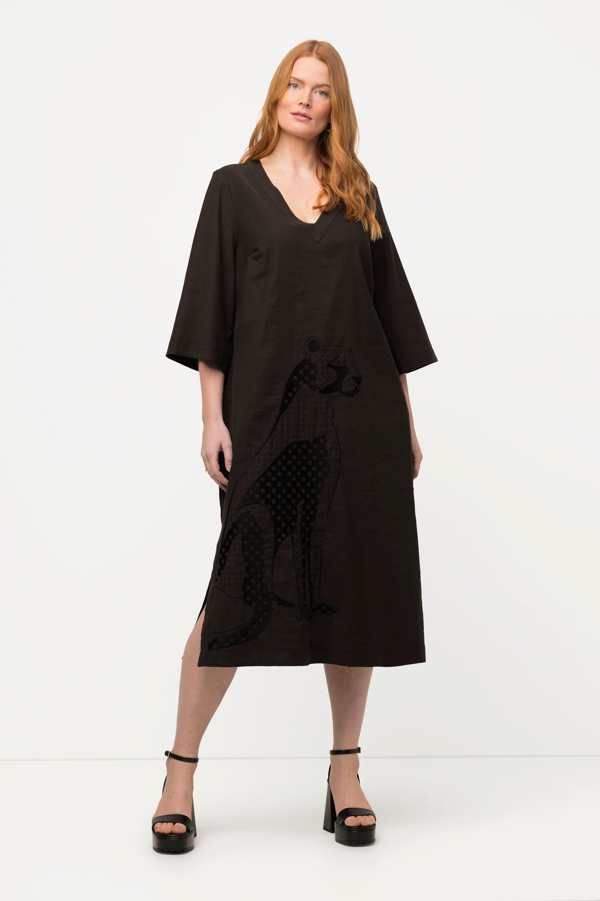 Ulla Popken Midikleid Midikleid Leinenmix Stickerei V-Ausschnitt 3/4-Arm