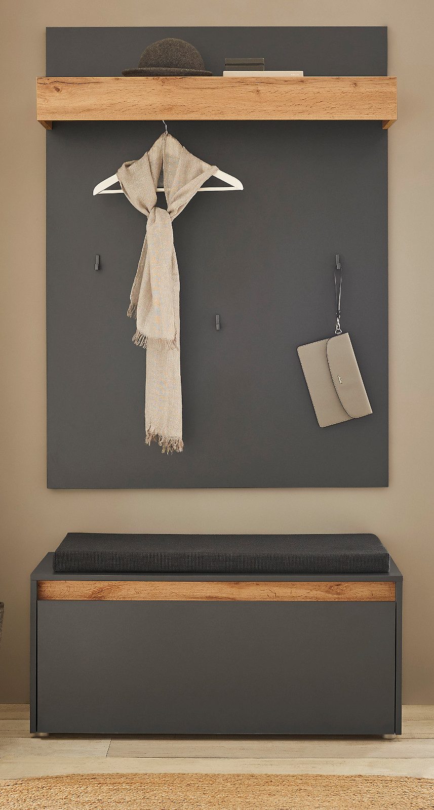 Furn.Design Garderoben-Set Center, (in grau matt und Wotan Eiche, 3-St., 100 x 200 cm), inklusive Sitzkissen