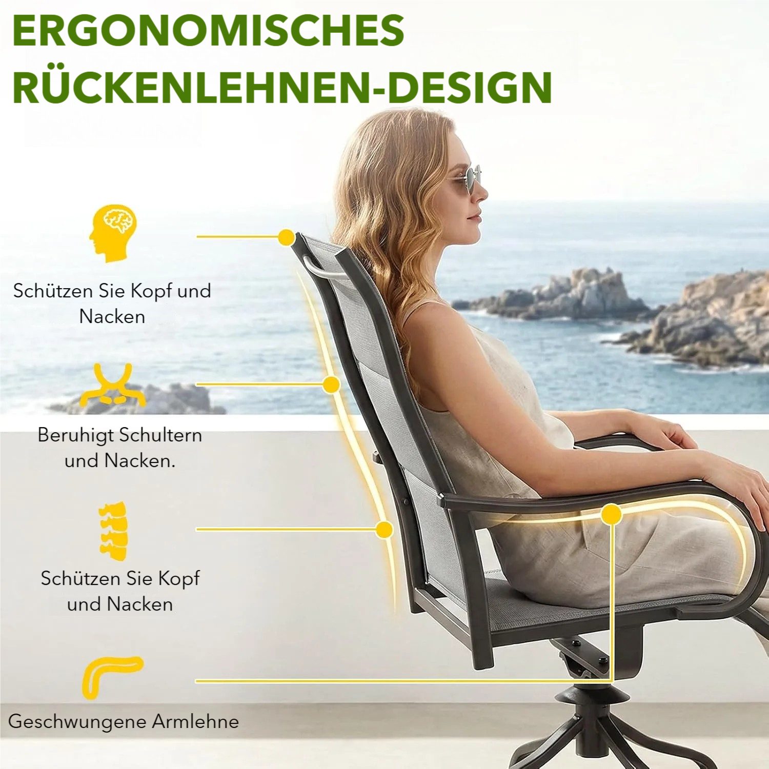 TLGREEN Gartenstuhl hochlehner 2er Set,360° drehbar, Drehstühle Wetterfeste, (Gesteppte Rückenlehne & Sitzfläche, bis 150 kg belastbar, 2 St), Für Terrasse Garten Balkon