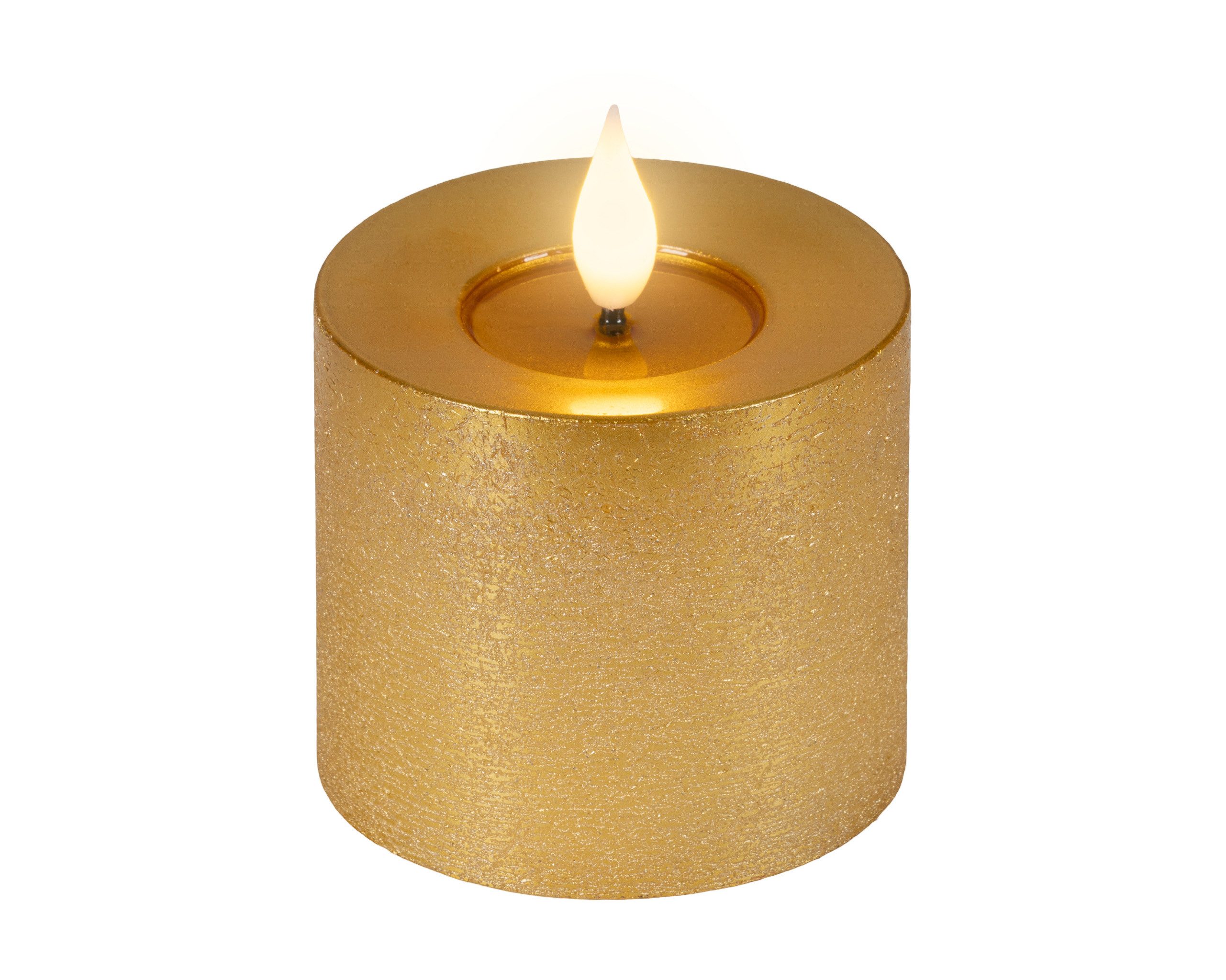 Lumineo LED-Kerze, Timer, warmweiß, LED Kerze 7,5x9,5cm mit Timer Wachs Flacker-Effekt Gold / Warmweiß