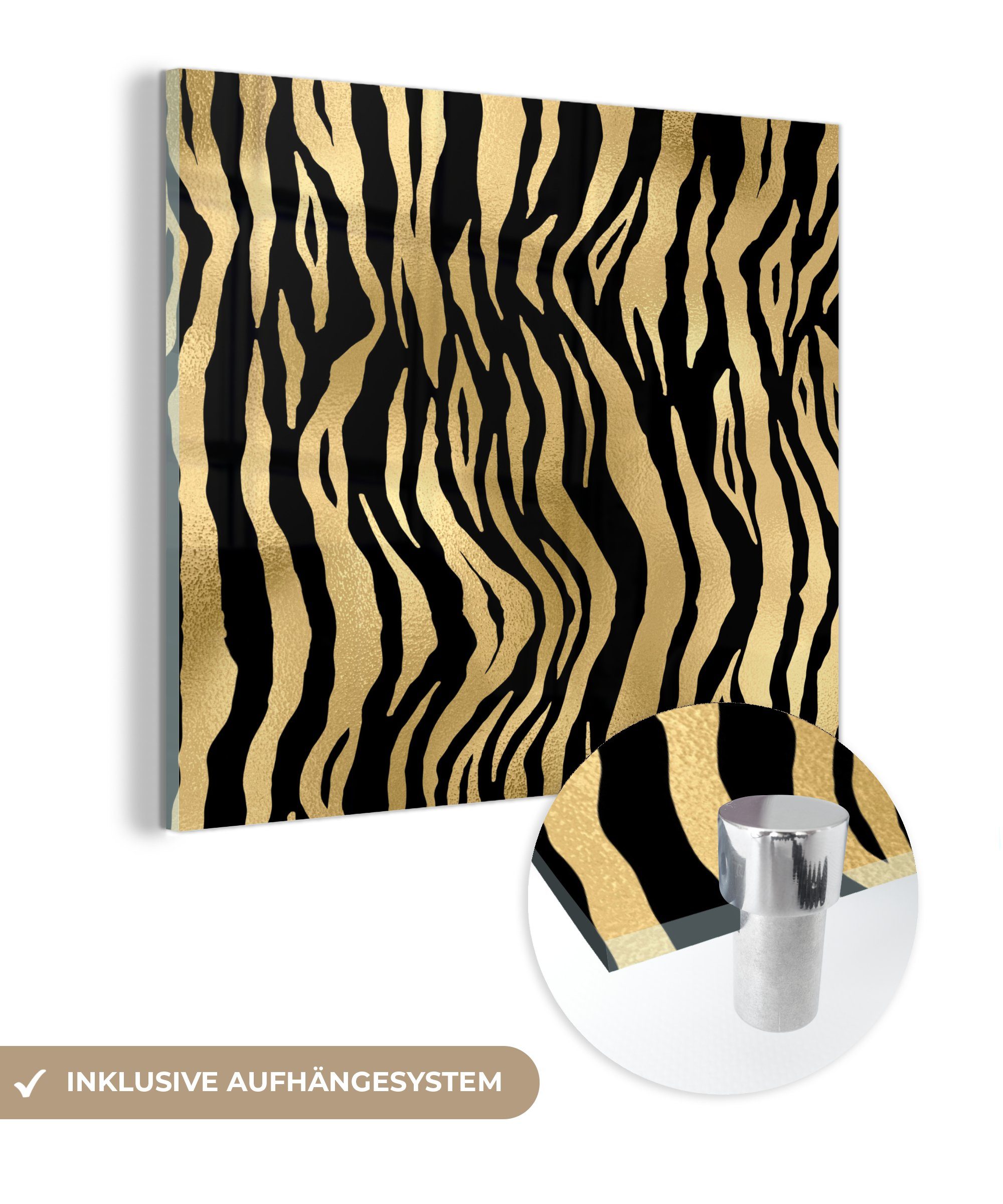 MuchoWow Acrylglasbild Muster - Zebra - Gold, (1 St), Glasbilder - Bilder auf Glas Wandbild - Foto auf Glas - Wanddekoration
