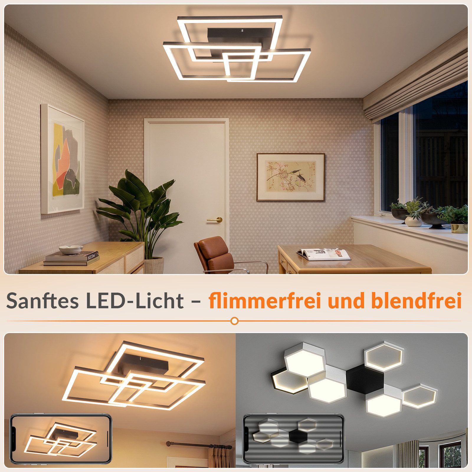 ZMH LED Deckenleuchte Modern Eckig Design LED Deckenlampe Dimmbar mit Fernbedienung, Memory, LED fest integriert, Warmweiß-Neutralweiß-Kaltweiß, Stufenloses Dimmbar