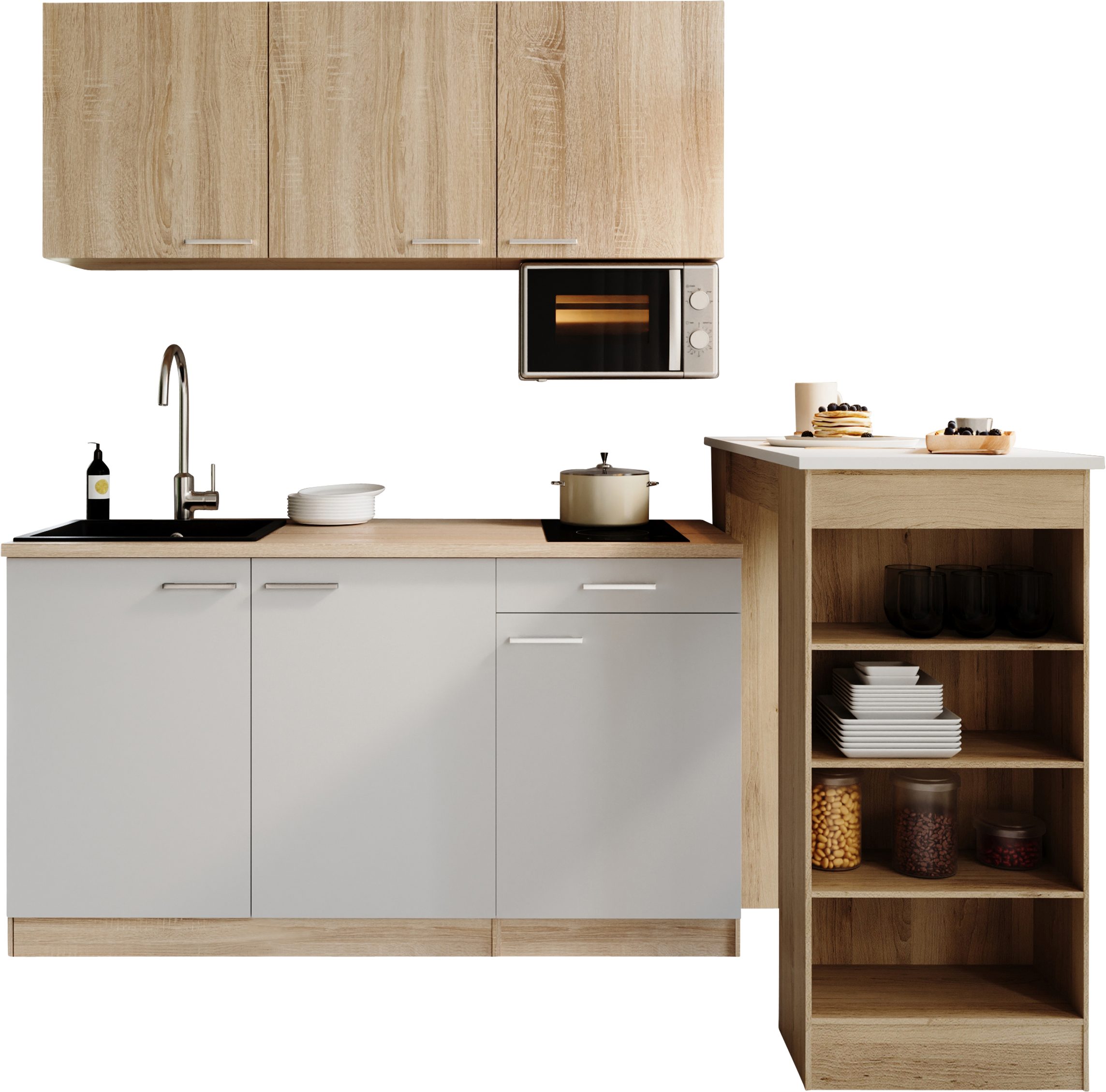 RESPEKTA Pantryküche Ingrid, inkl. Tresentisch und Mikrowelle, zerlegt, wahlweise mit Kühlschrank, Soft-Close-Funktion, Breite 150 cm
