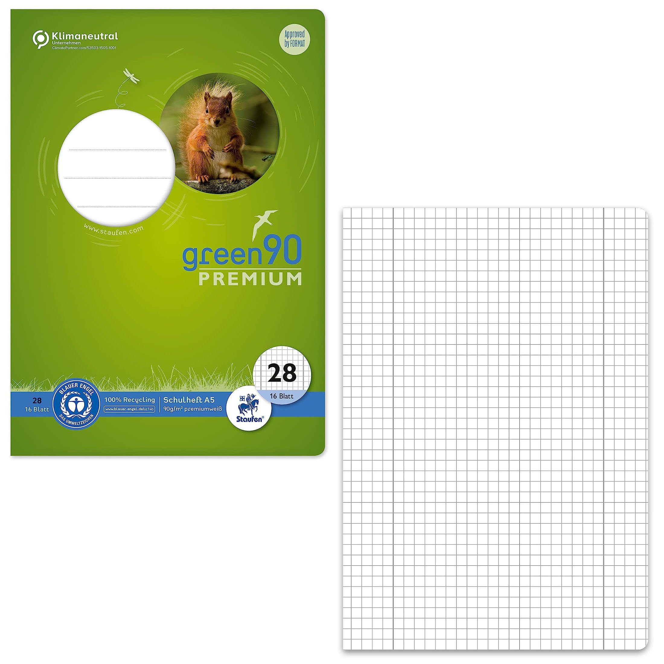 Schulheft STAUFEN Green Schulheft Lin28 A5 16 Blatt 90g/qm 5mm kariert mit Randl