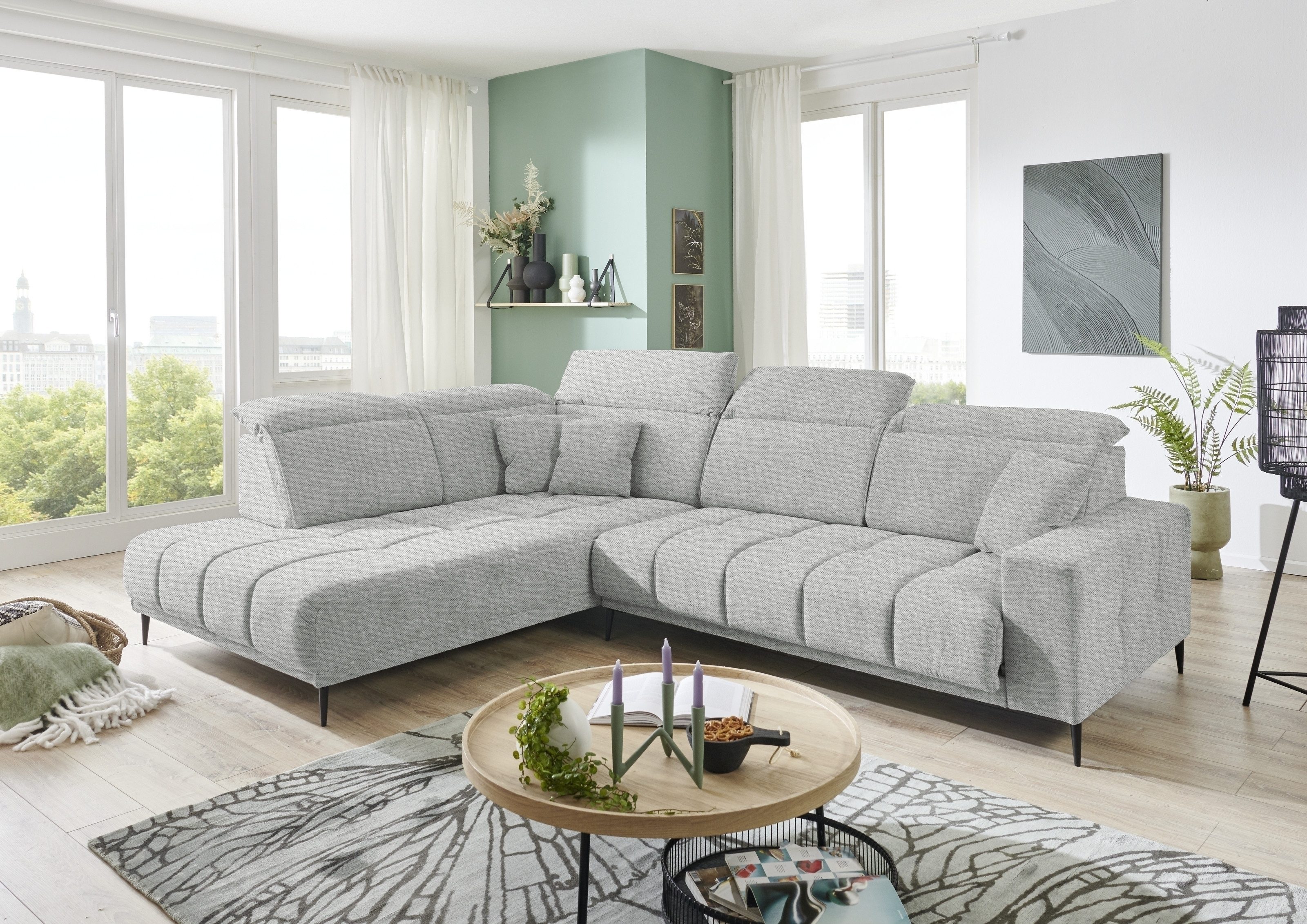 freiraum Wohnlandschaft Lindesberg, elektr. Sitzverstellung, Federkern, hellgrau - 317x107x230cm (BxHxT)