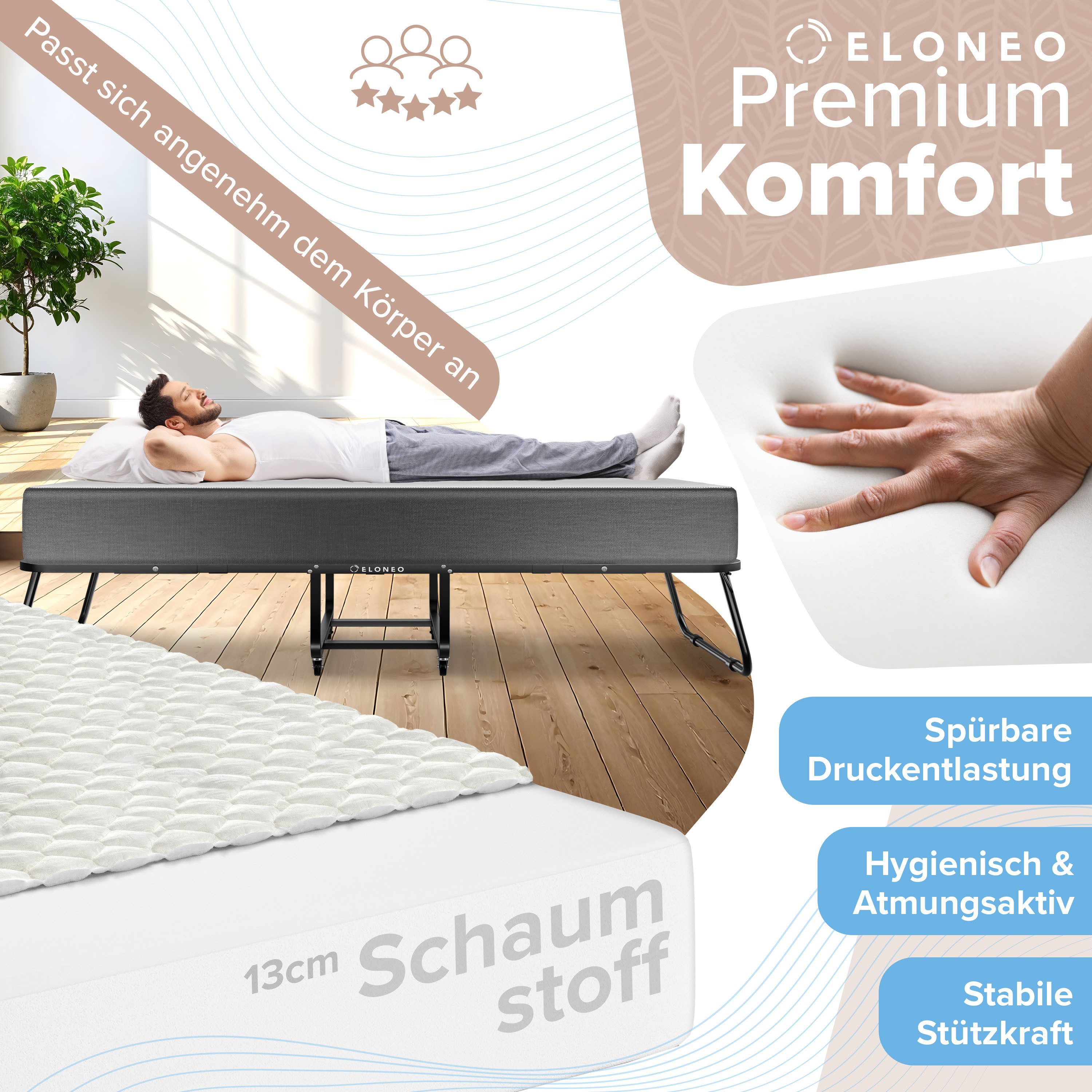 ELONEO Klappbett ELONEO Klappbett, Gästebett – stabil & platzsparend, Matratze optional inkl. Matratze