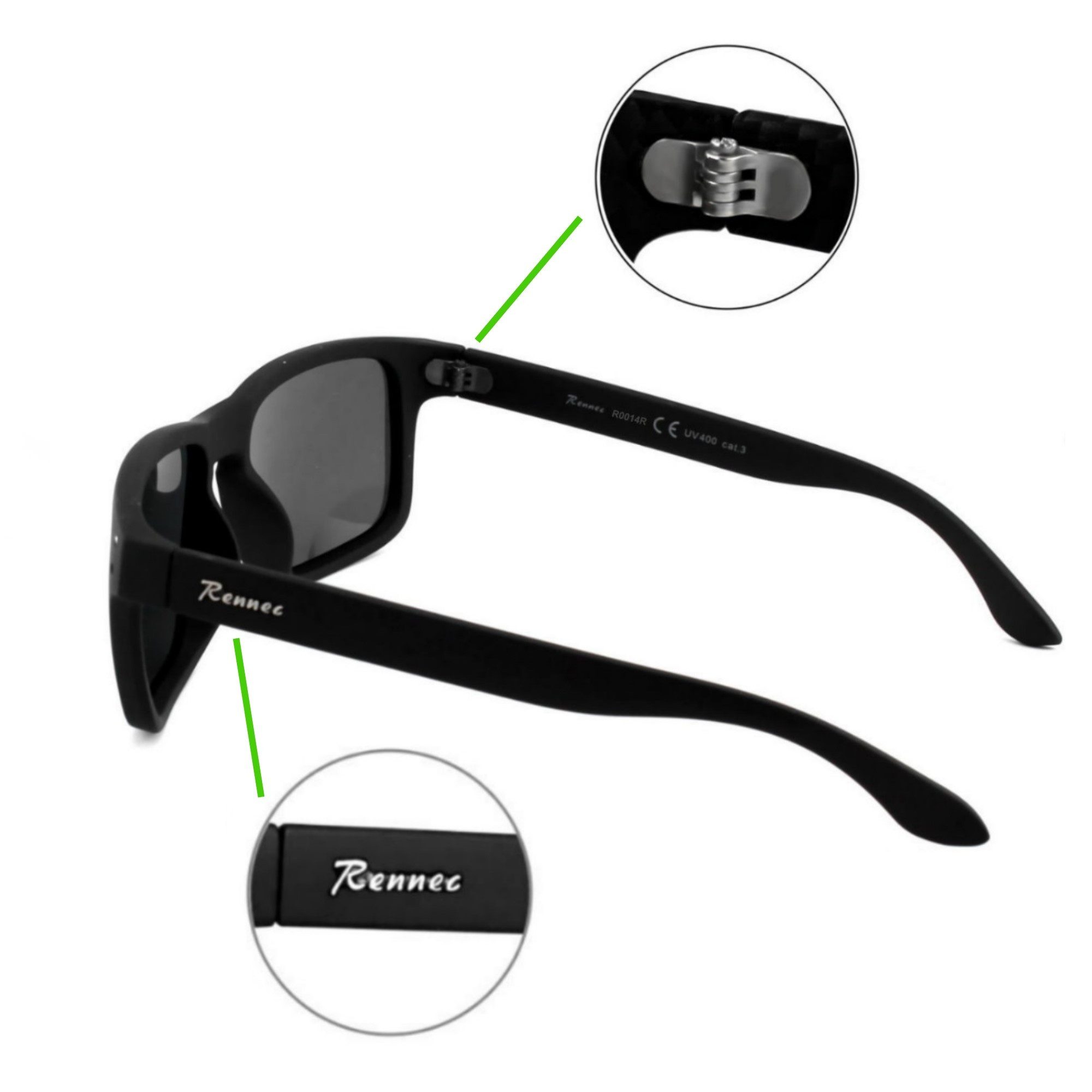 Rennec Sonnenbrille Herren Rechteckig Schwarz Matt Gläser Türkis Verspiegelt 3in2 Bügelgelenke, Hardcase, Rubber Haptik – Bild 3 von 5