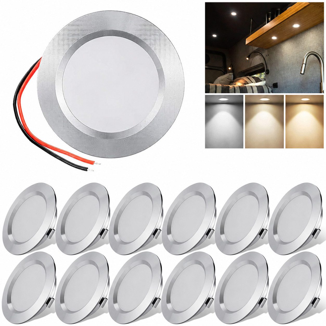 Rosnek LED Einbaustrahler 12V 3W, superflache Wohnmobil Deckenleuchte aus Alu, Vollaluminium, Warmweiß, Neutralweiß, Kaltweiß für Camper & Boot