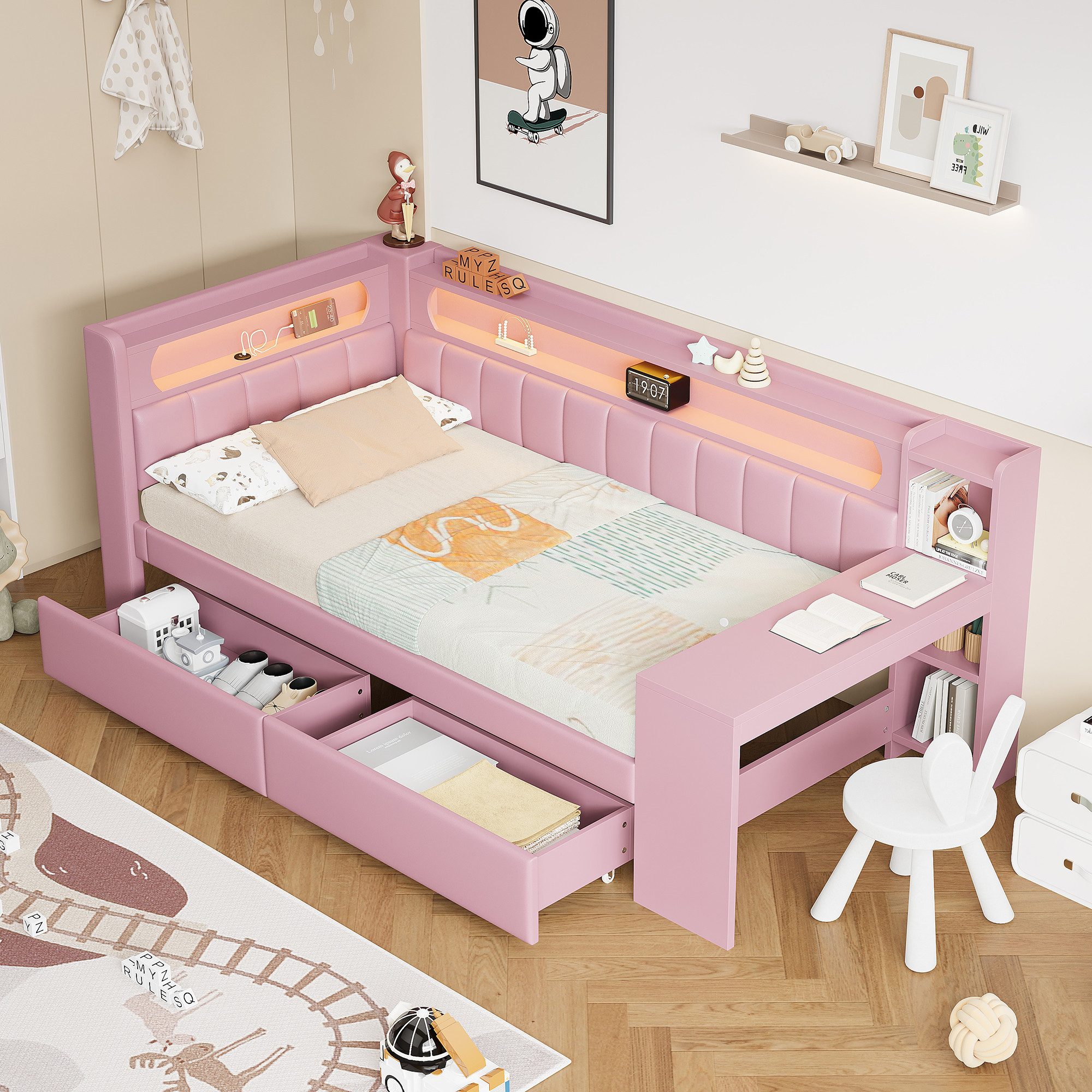 Flieks Daybett, Polsterbett 90x200cm mit 2 Schubladen, USB, LED und Schreibtisch