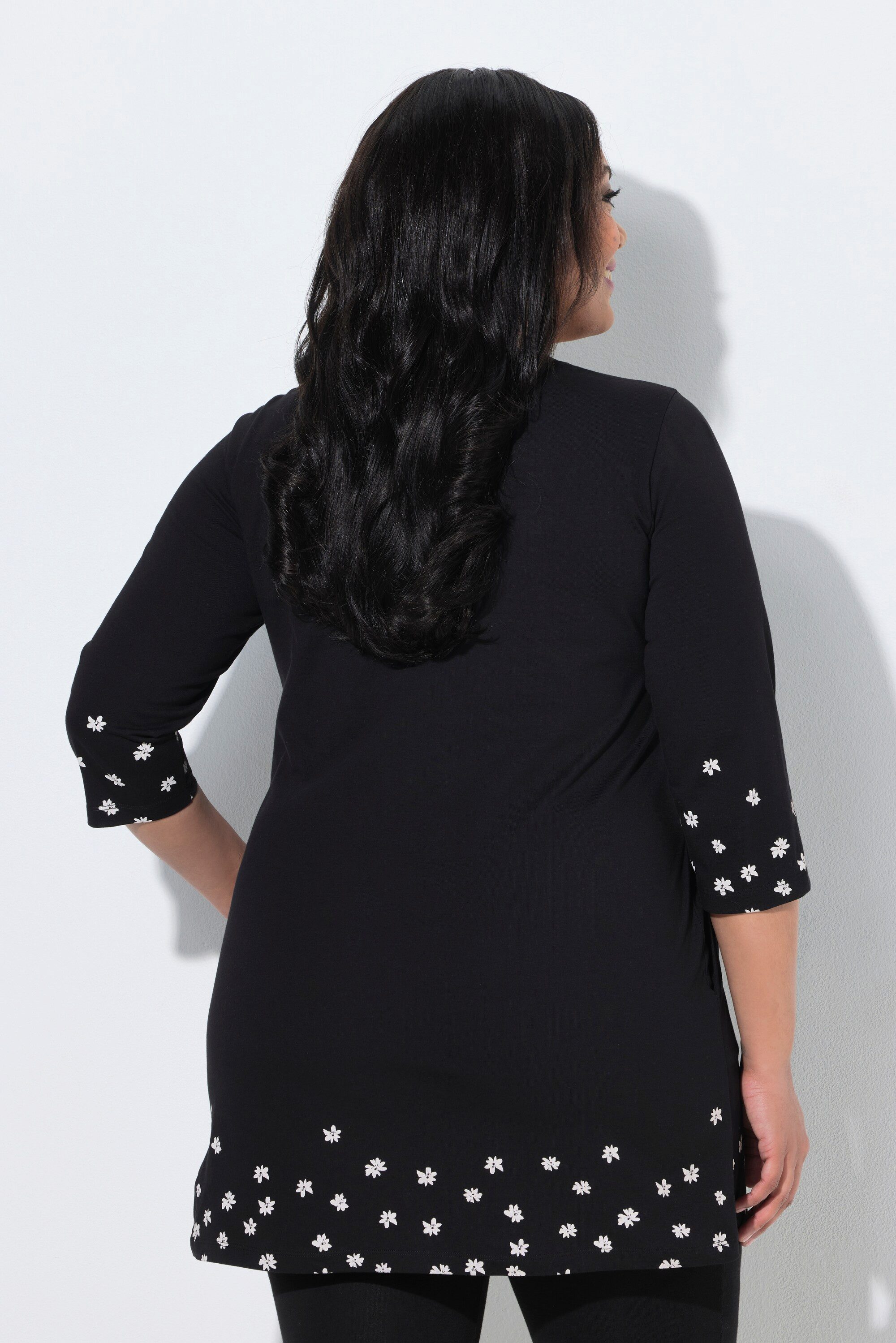 Ulla Popken Longshirt Longshirt Motivdruck A-Linie V-Ausschnitt 3/4-Arm