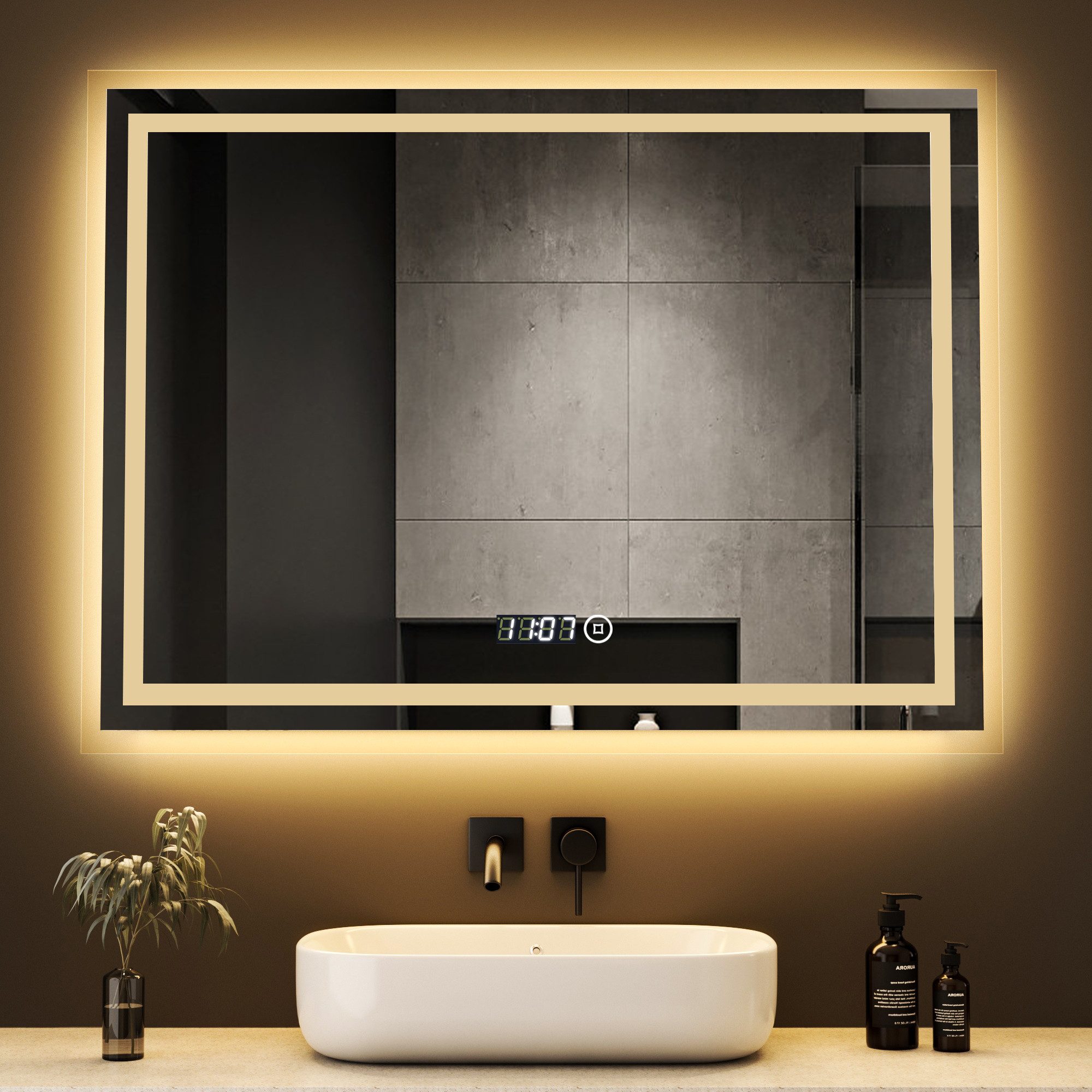 LED-Lichtspiegel LED Badspiegel mit uhrzeit 80x60 Wandspiegel mit beleuchtung Touch