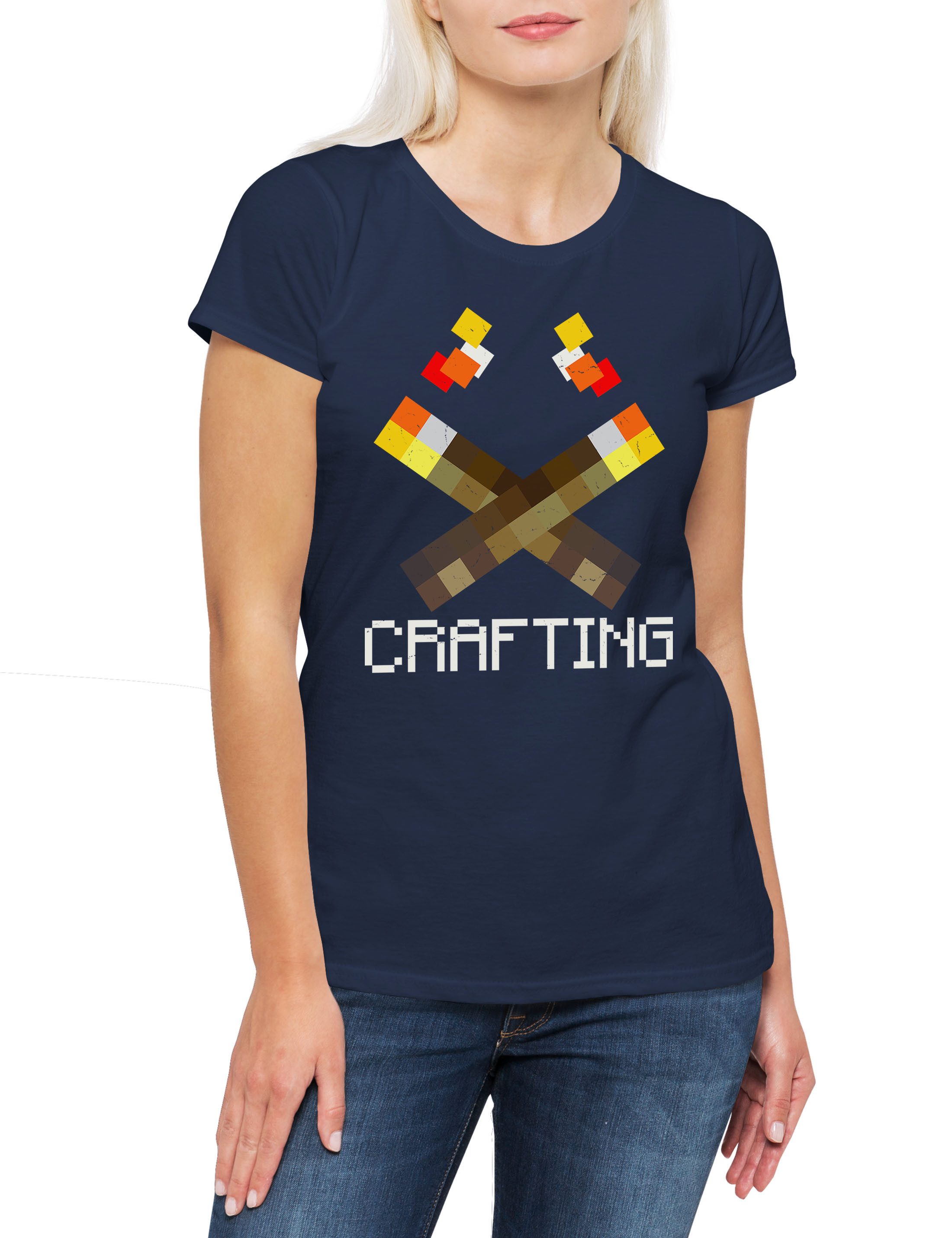 Print-Shirt Mine Torches Damen T-Shirt Games Gaming Craft Nerd Freak Crafting Fan