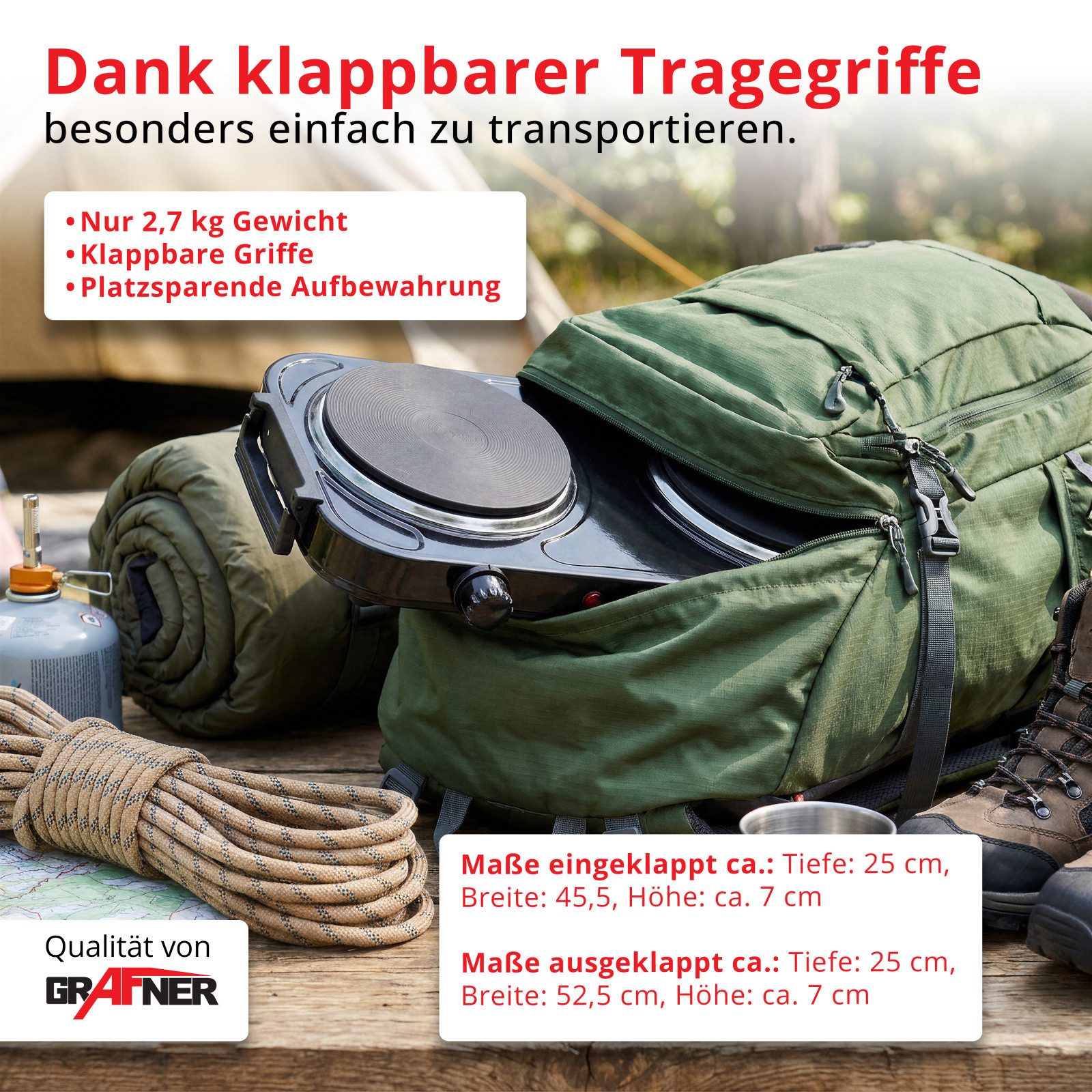 Grafner Doppelkochplatte Grafner® 2000 Watt mit klappbaren Griffen Schwarz, Mobile Herdplatte, Überhitzungsschutz, 2000 Watt – Bild 4 von 5
