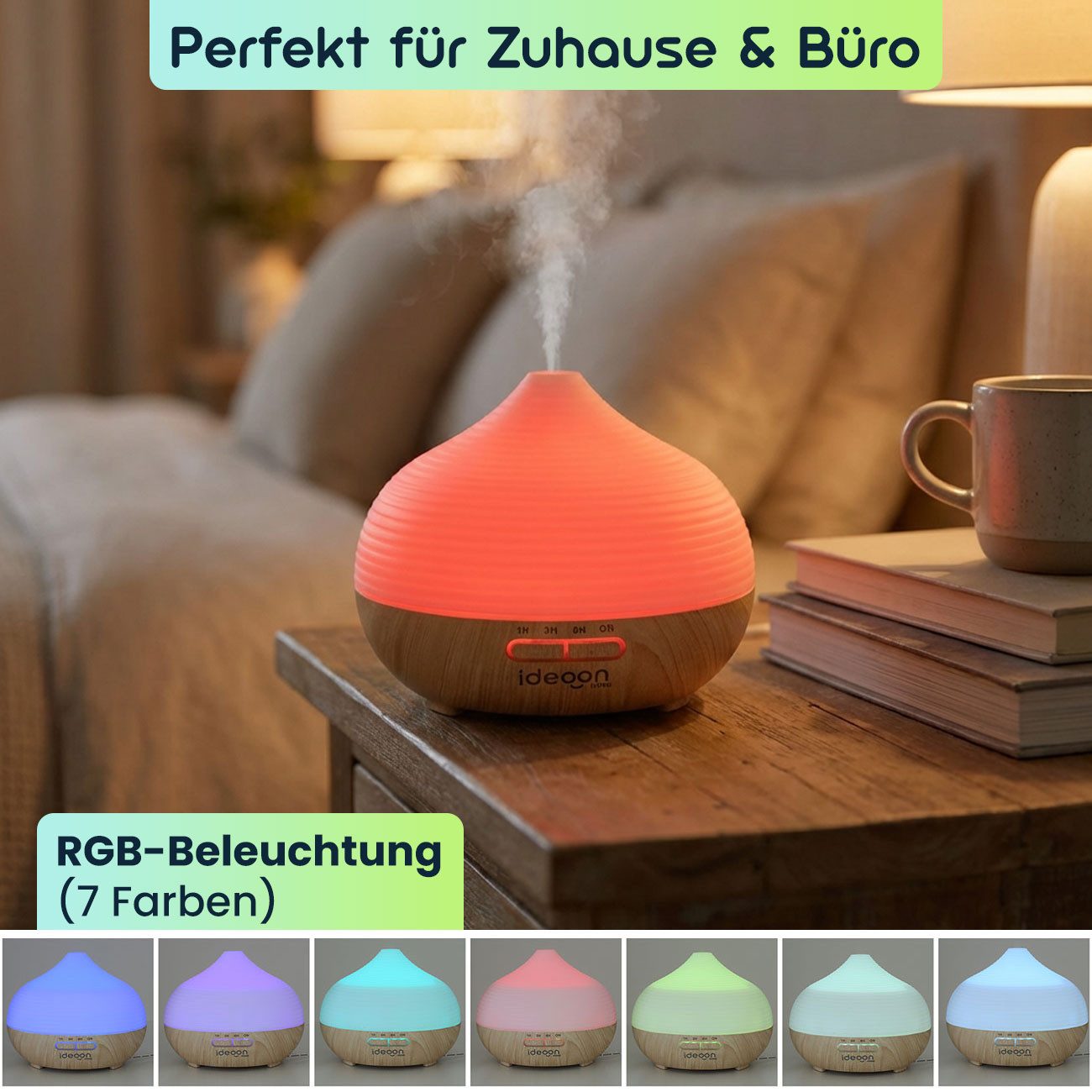 shop'n smile ideoon Luftbefeuchter Stilvoller Aroma Diffusor & Luftbefeuchter mit RGB Farblicht und Timer, 0,3 l Wassertank, Dauerbetrieb (ON), Kabellänge: 150 cm