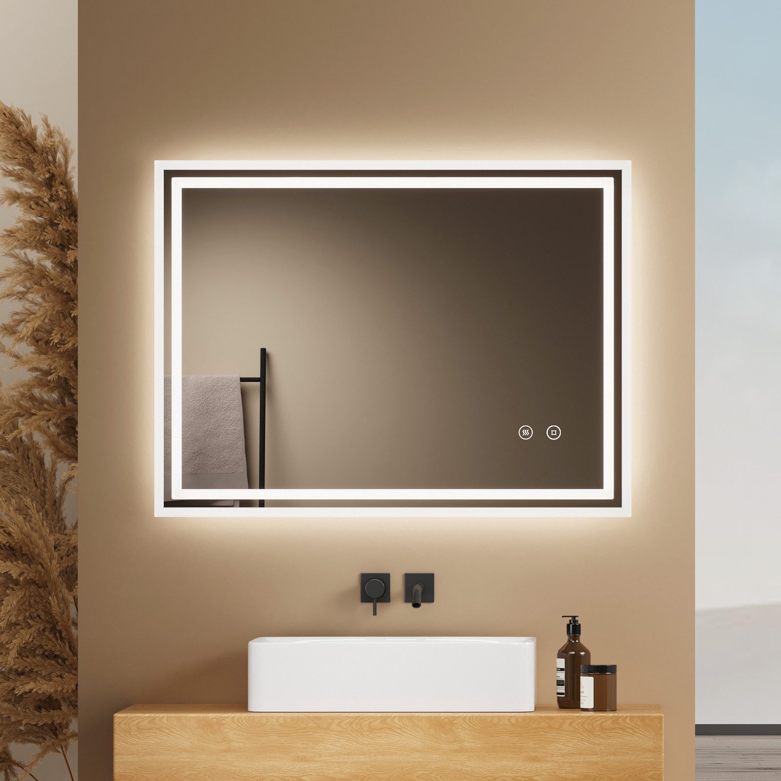 EMKE Badspiegel Badspiegel mit Beleuchtung, dimmbar, mit Antibeschlag, Kaltweiß, Touch, Memory, Auto-Aus, horizontal/vertikal, IP44, eckig 80 × 60 cm