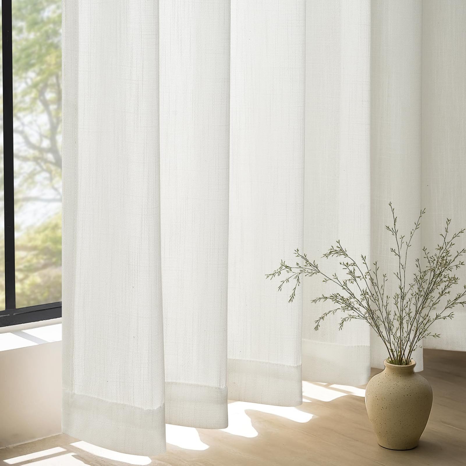 Topfinel Gardine Leinenoptik vorhänge mit kräuselband halbtransparent wohnzimmer (2 St), Kräuselband, halbtransparent, modern boho Weiß 140x145cm kinderzimmer Schlafzimmer Esszimmer