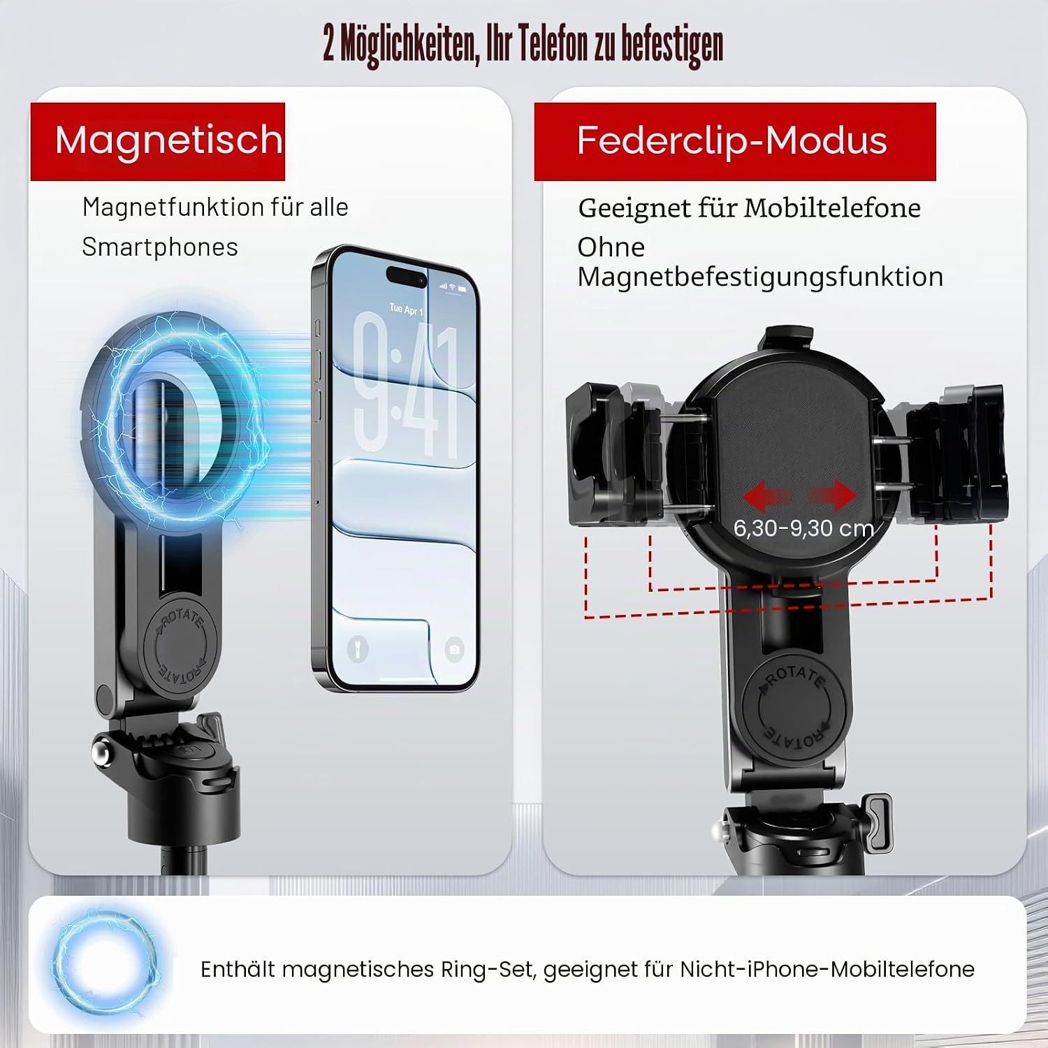 FELIXLEO Selfie-Stick 4 in 1 Selfie Stick magnetisch, Mini Stativ, Fernauslöser, Kaltschuh – Bild 3 von 5