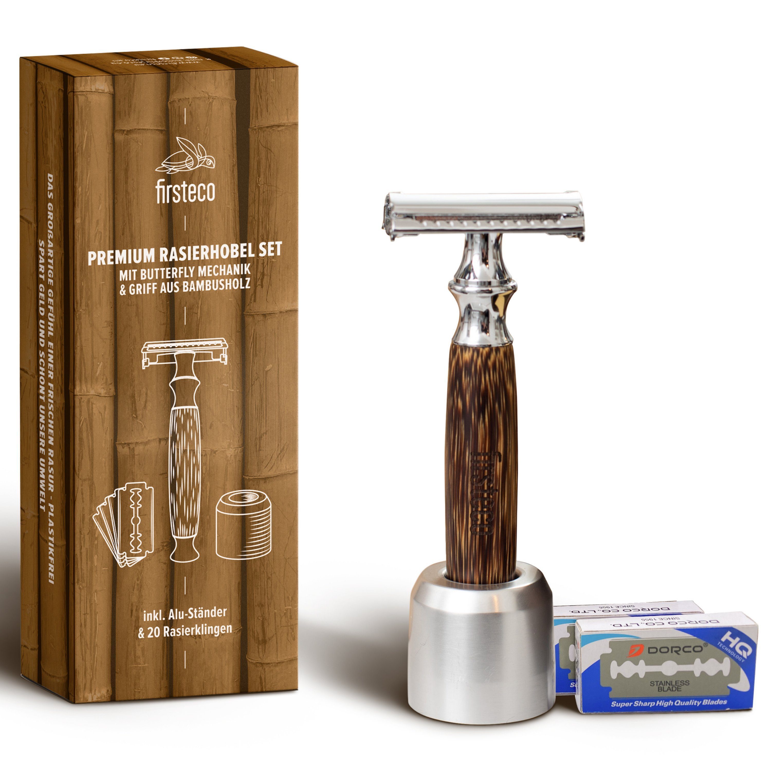 Firsteco Rasierhobel Set, mit Butterfly-Mechanik + Alu-Ständer + 20 Rasier-Klingen + EBOOK + Geschenk-Box, 5-tlg., aus Bambus-Holz, Bambus-Griff handgefertigt Nass-Rasierer Safety-Razor Bart-Pflege-Set