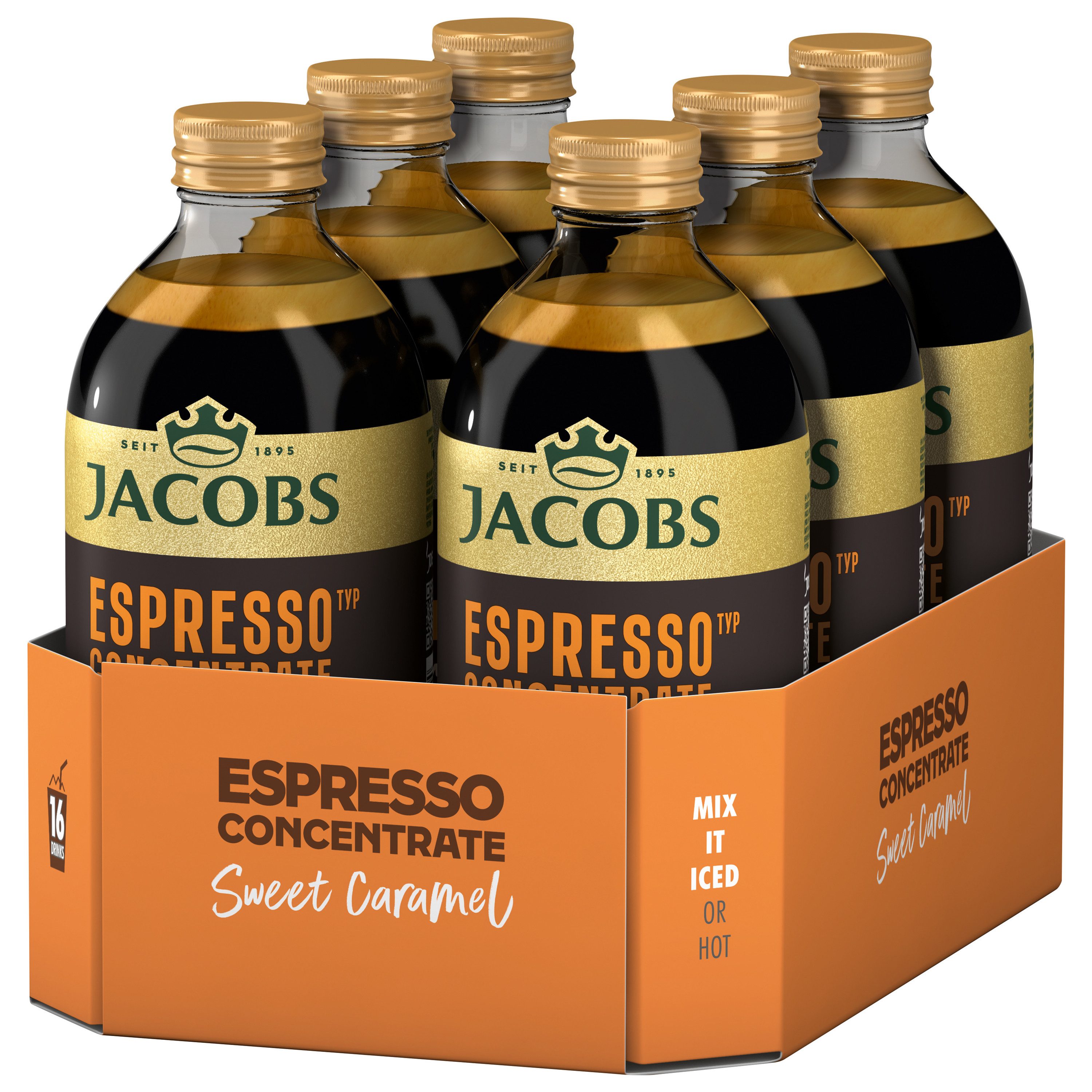 JACOBS Kaffee JACOBS Espresso Kaffeekonzentrat Caramel 6 x 485 ml, Ideal für Iced Coffee, Latte, Cappuccino oder kreative Kaffee-Rezepte