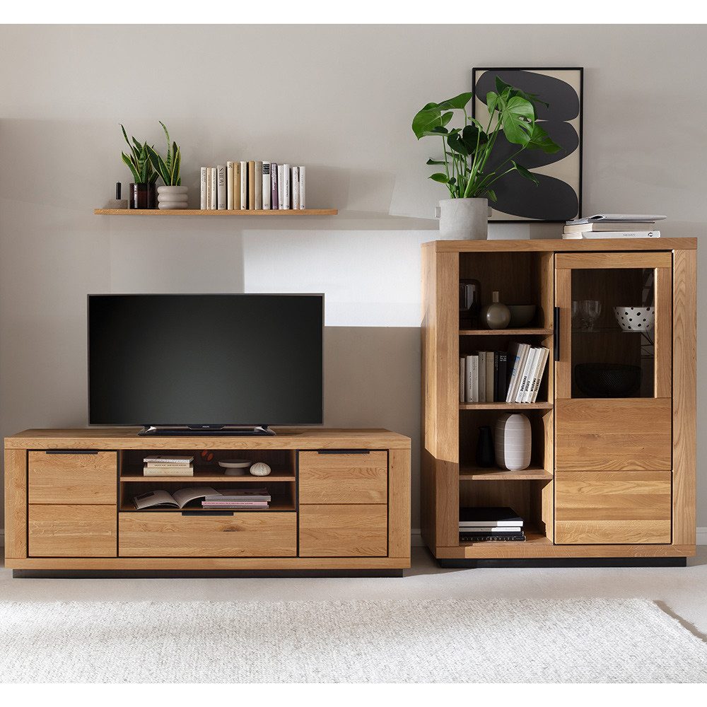Lomadox Wohnwand GIUSTINO-06, (3-St., Wandboard Lowboard Highboard), Eiche teilmassiv geölt, Massivholzfronten