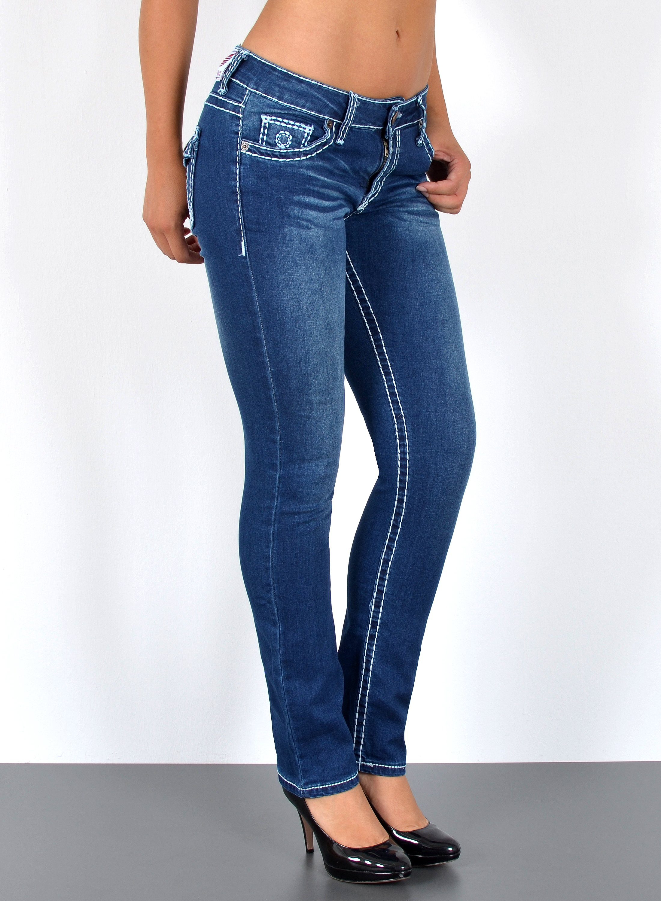 ESRA Straight-Jeans Straight Jeans Damen Jeans Hose weiße Naht Kontrastnaht bis Übergröße High Waist Jeans Damen Hose Stretch mit dicker Naht bis Plus Size