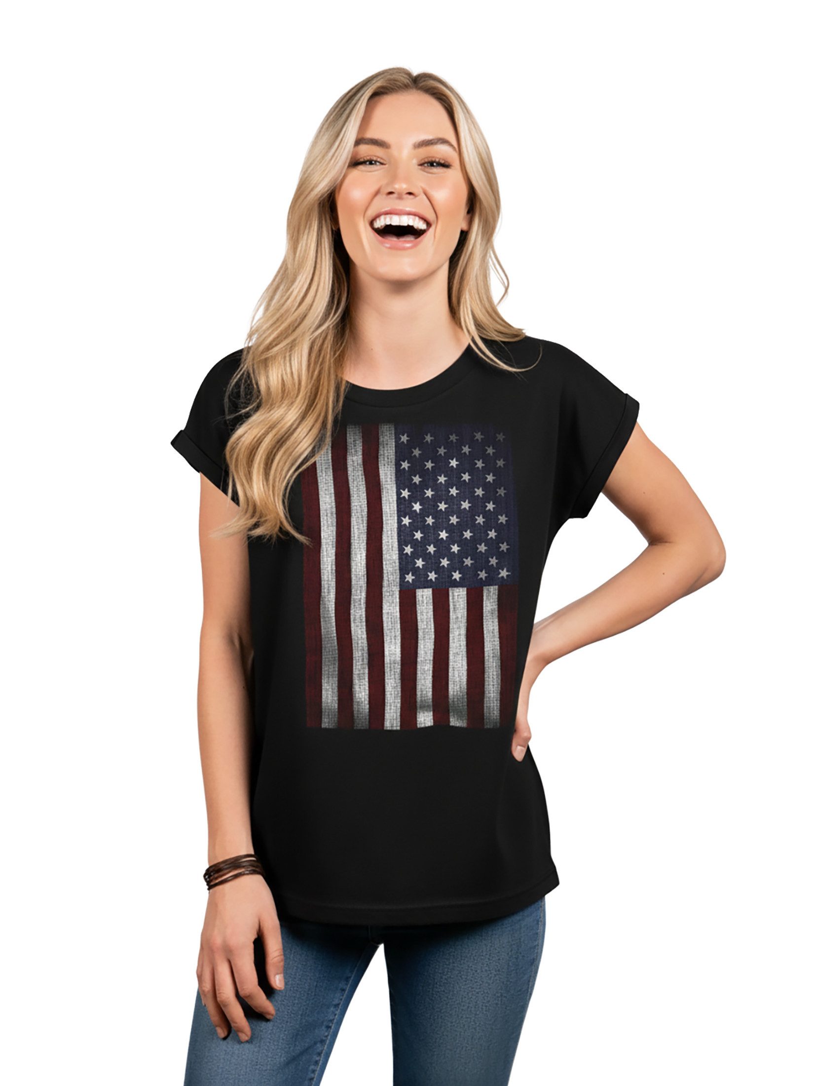MAKAYA Print-Shirt Damen USA Flagge Vintage Amerika Fahne Tunika Top Sommer Oberteile (Kurzarm, schwarz, grau, blau) große Größen