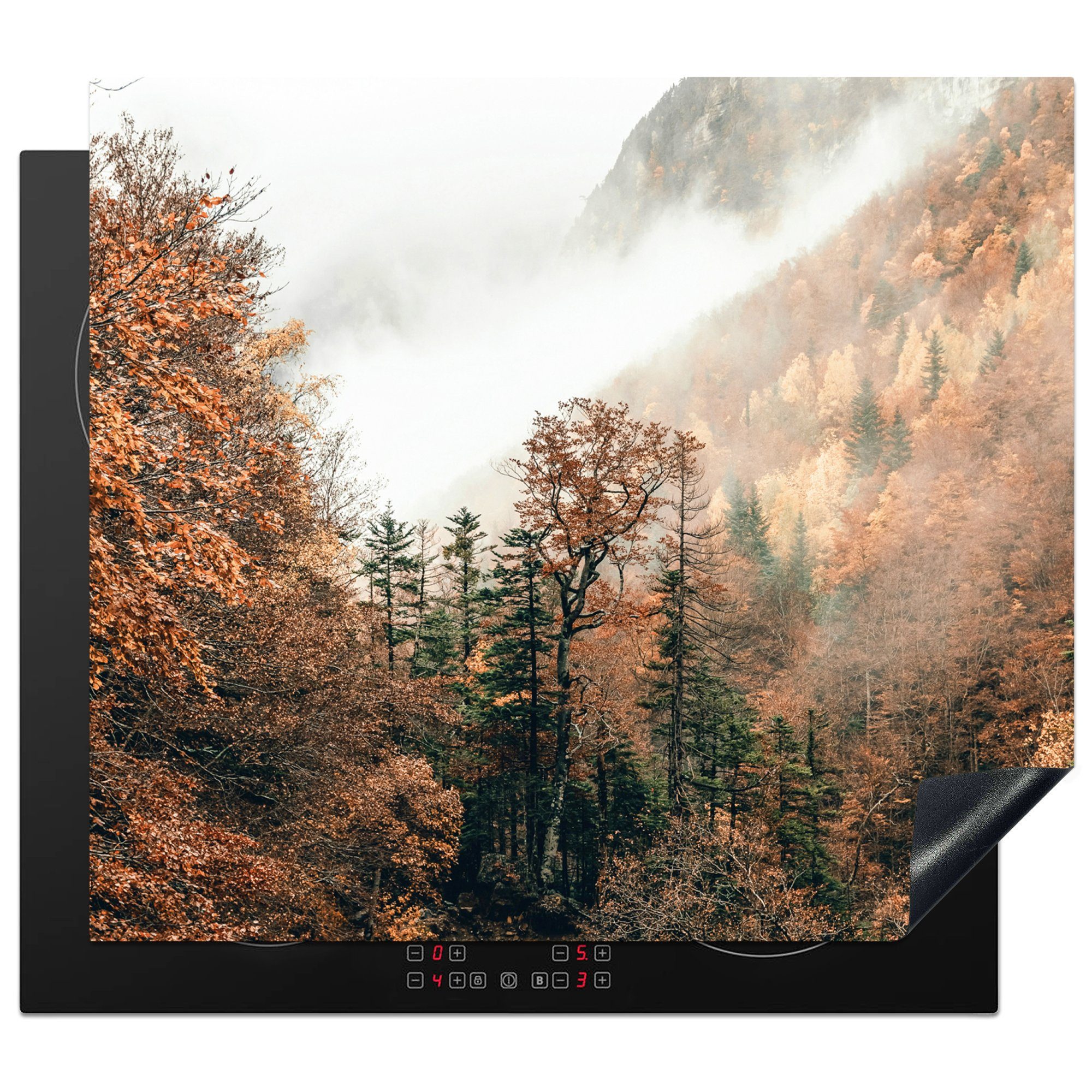 Herdblende-/Abdeckplatte MuchoWow nutzbar, Nebel Arbeitsfläche - Wald tlg), Herbst, Natur cm, 60x52 Ceranfeldabdeckung - - Vinyl, Mobile (1