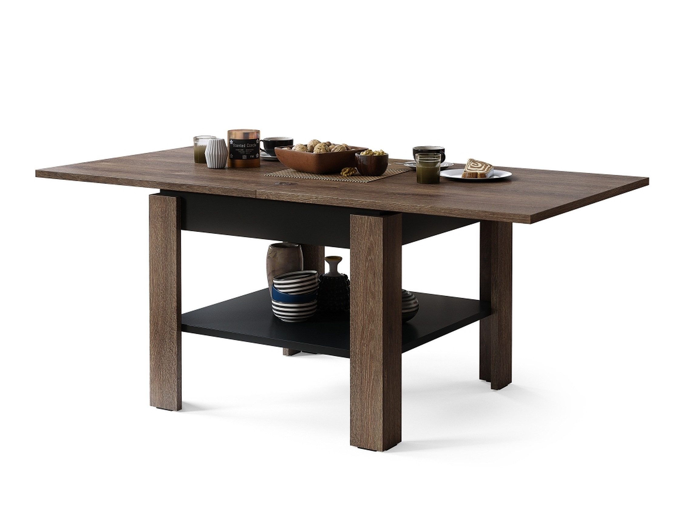 Mazzoni Couchtisch Design Tisch Leo Eiche dunkel - Schwarz matt aufklappbar 65 - 130cm