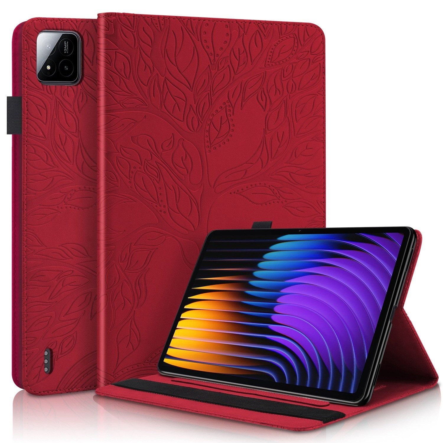 Wigento Tablet-Hülle Kunstleder für Xiaomi Pad 8 / 8 Pro / Pad 7 / 7 Pro Baum Book Rot, Baum Design Hülle mit Standfunktion und Kratzschutz