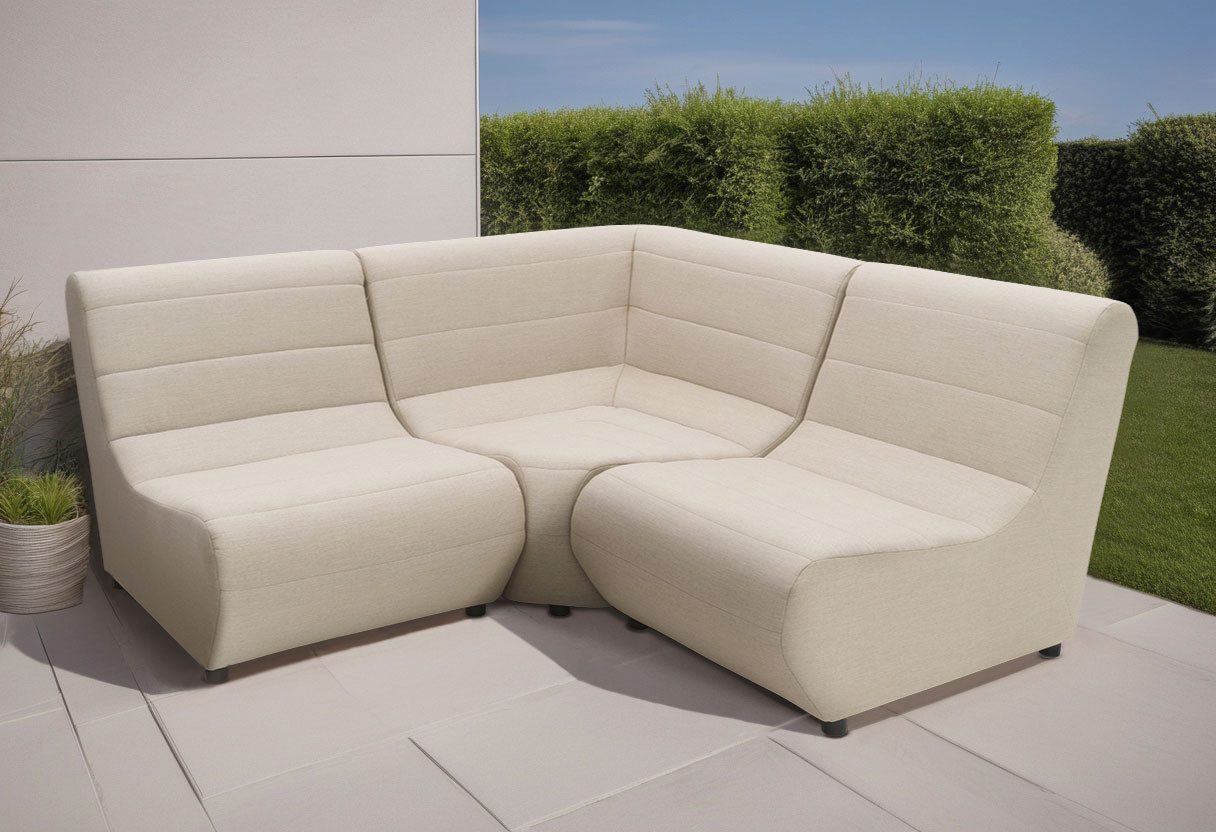 DOMO collection Ecksofa Soleil, pflegeleichter und wetterfester Bezug, Outdoor, besonderes Design und Formgebung, individuell erweiterbar