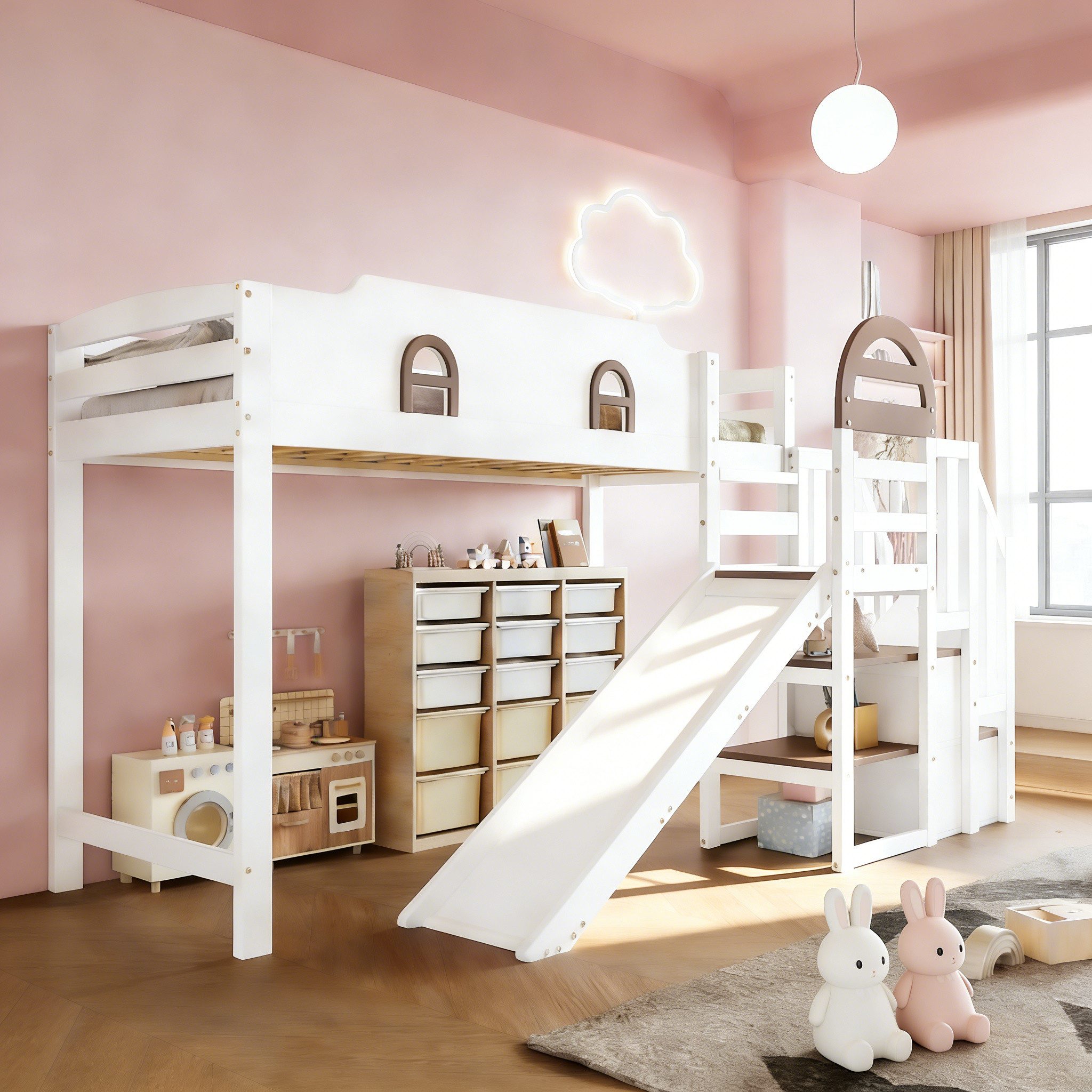 BlingBin Hochbett Einzelbett Kinderbett Jugendbett Massivholzbett Mit Kinderrutsche (1er Set, 1-St., 90x200cm, Ohne Matratze, Tragfähigkeit: Bett-120KG, Rutsche-50KG) Treppen mit Handlauf, Mit 2 Schließfächer in der Treppe, Kiefer+MDF