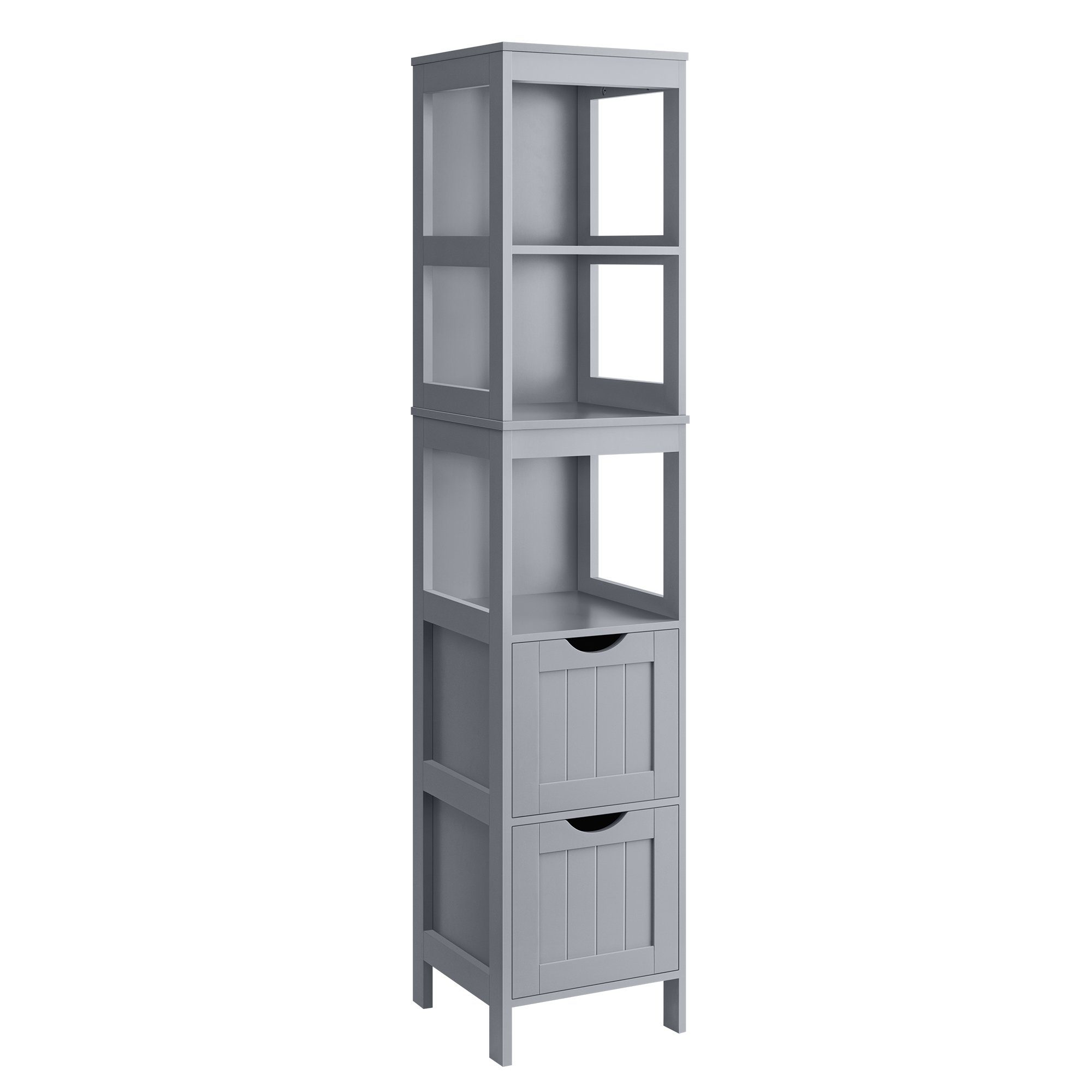 VASAGLE Badkommode Badezimmerschrank, für Badezimmer, Wohnzimmer, Küche, Nischenschrank, 2 Schubladen, 3 offene Fächer, 30 x 30 x 141,5 cm
