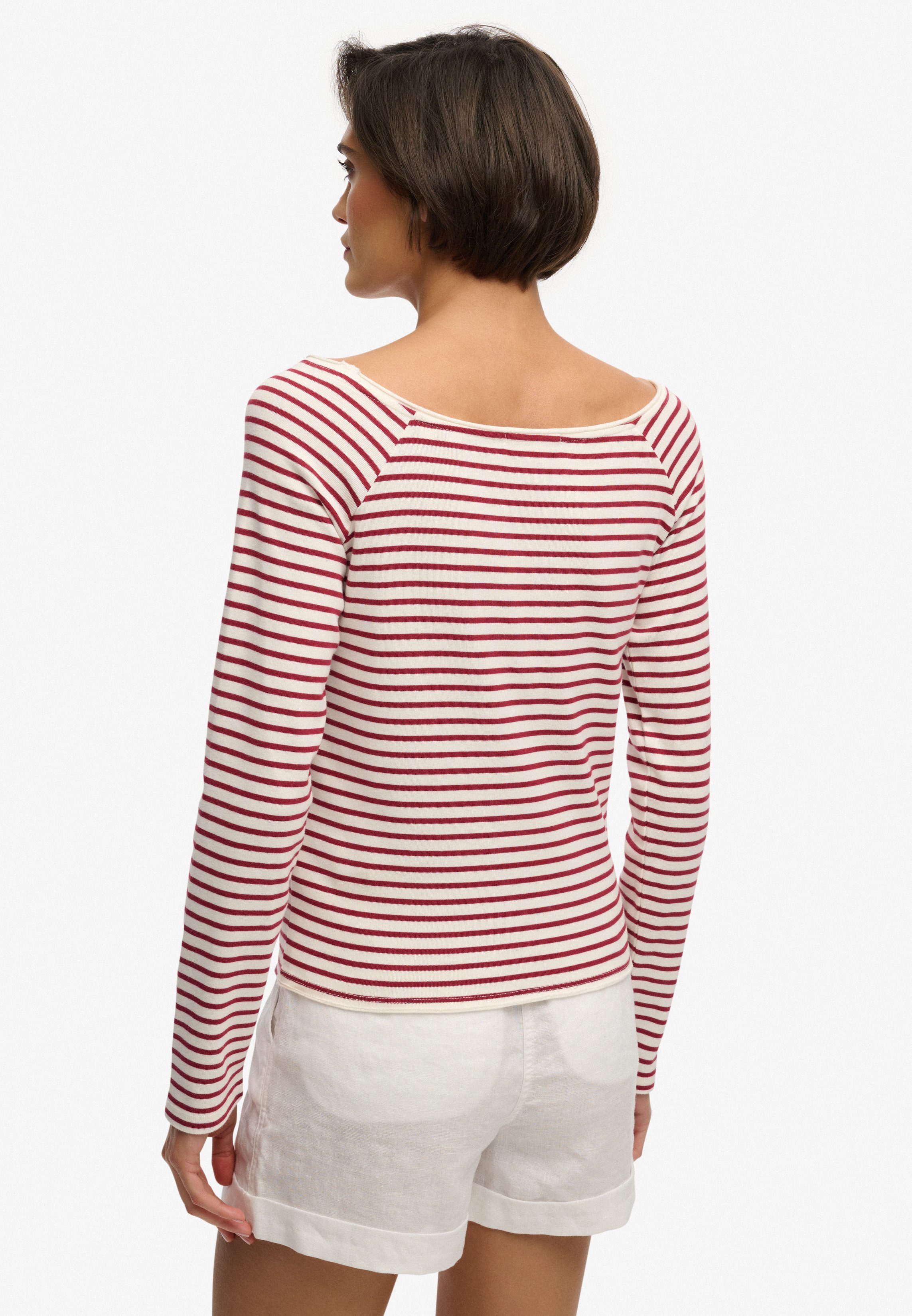 Superdry Langarmshirt BARDOT OFF SHOULDER TOP mit U-Boot Ausschnitt und Wellenkante am Bund, gesticktes Logo am Saum
