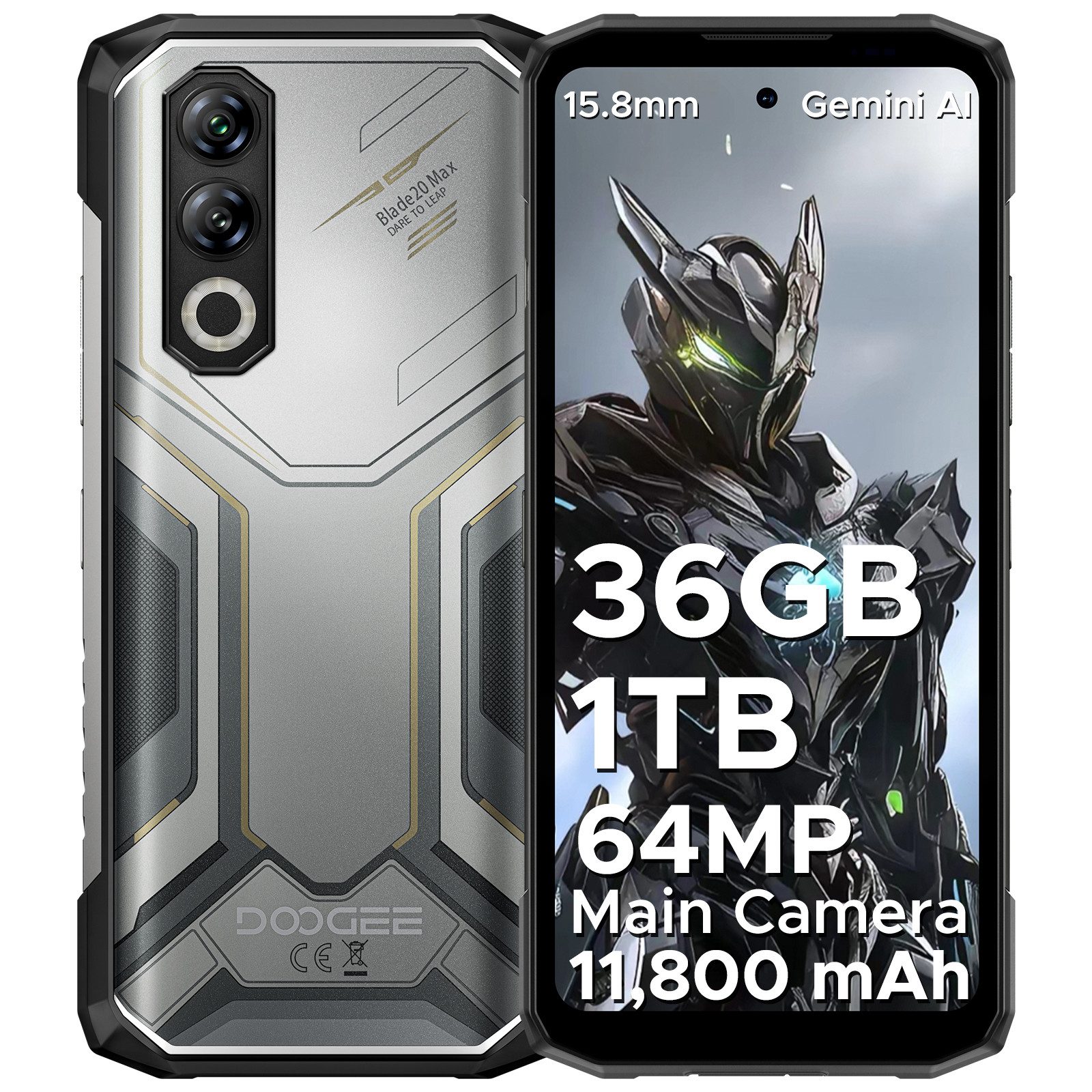 DOOGEE Blade 20 Max 11800 mAh/33W Outdoor Handy 32GB+1TB Android 15 Robustes Smartphone (16,8 cm/6.56 Zoll, 1000 GB Speicherplatz, 64 MP Kamera, 6.6 Zoll HD+ 120Hz Display Handy, 64 MP + 20 MP, wasserdichtes Telefon)