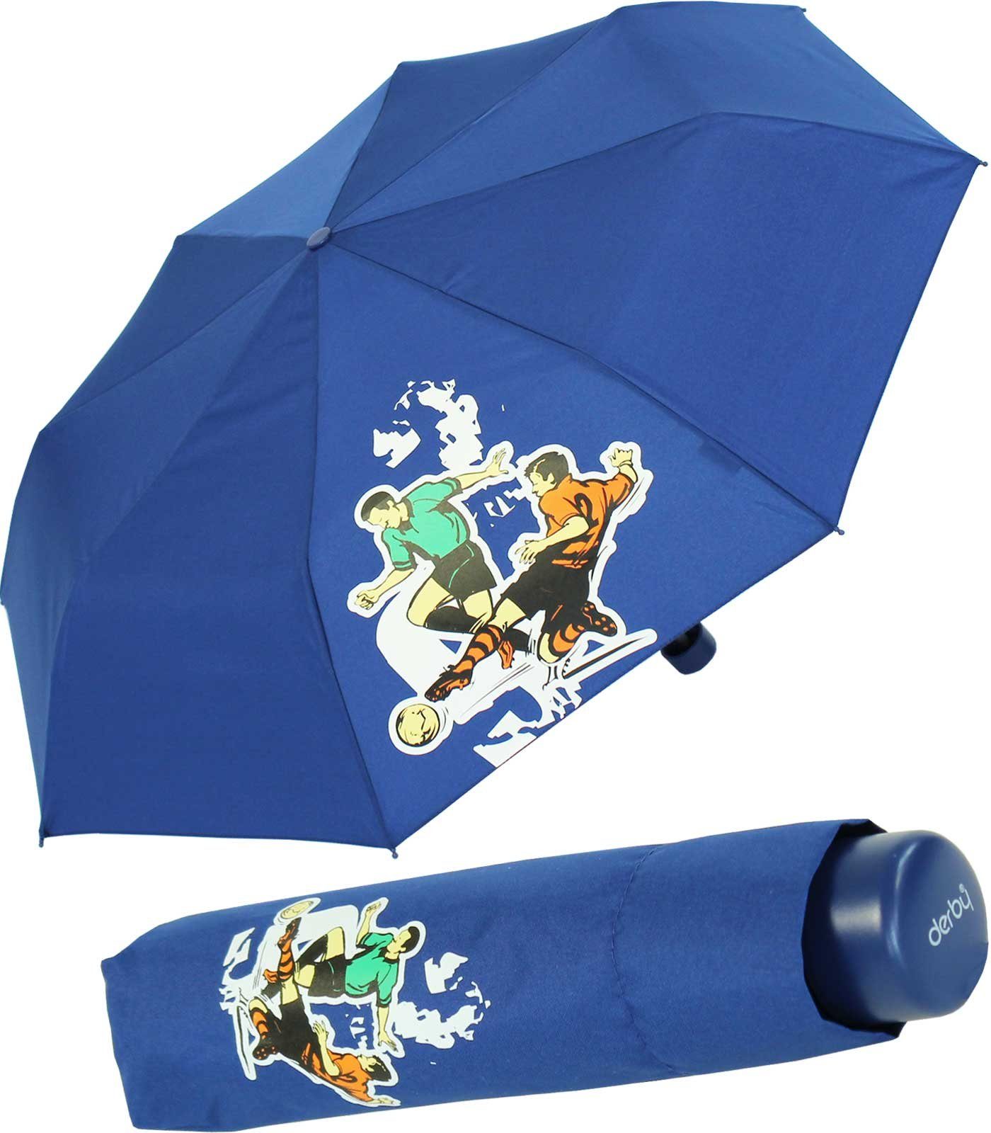 derby Taschenregenschirm Mini Kinderschirm Jungen leicht Kids Schule - blau, ein leichter Schirm für den Schulweg mit coolen Motiven football | Taschenschirme