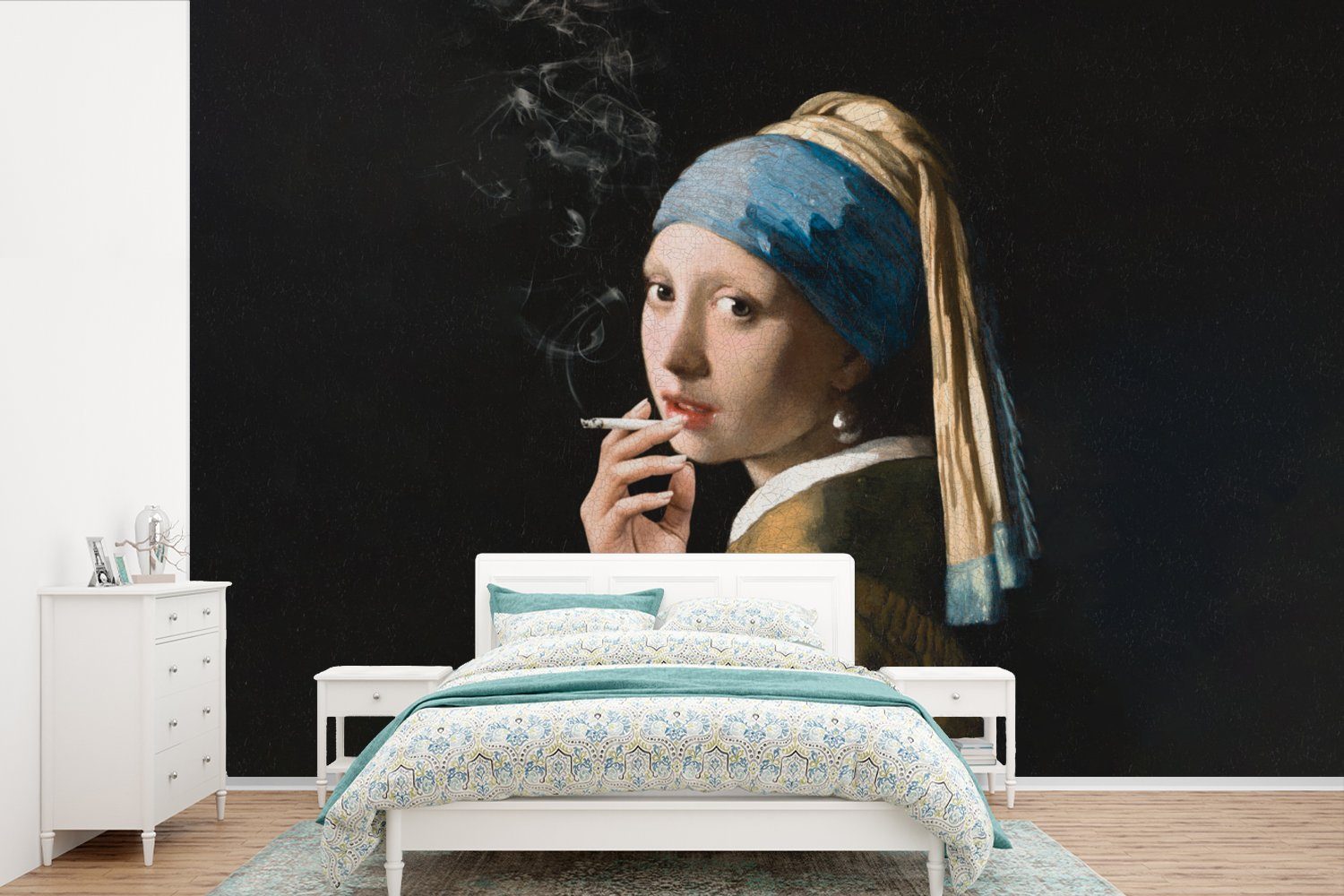 MuchoWow Fototapete Das Mädchen mit dem Perlenohrring - Vermeer - Zigaretten, Matt, bedruckt, (6 St), Wallpaper für Wohnzimmer, Schlafzimmer, Kinderzimmer, Vinyl Tapete