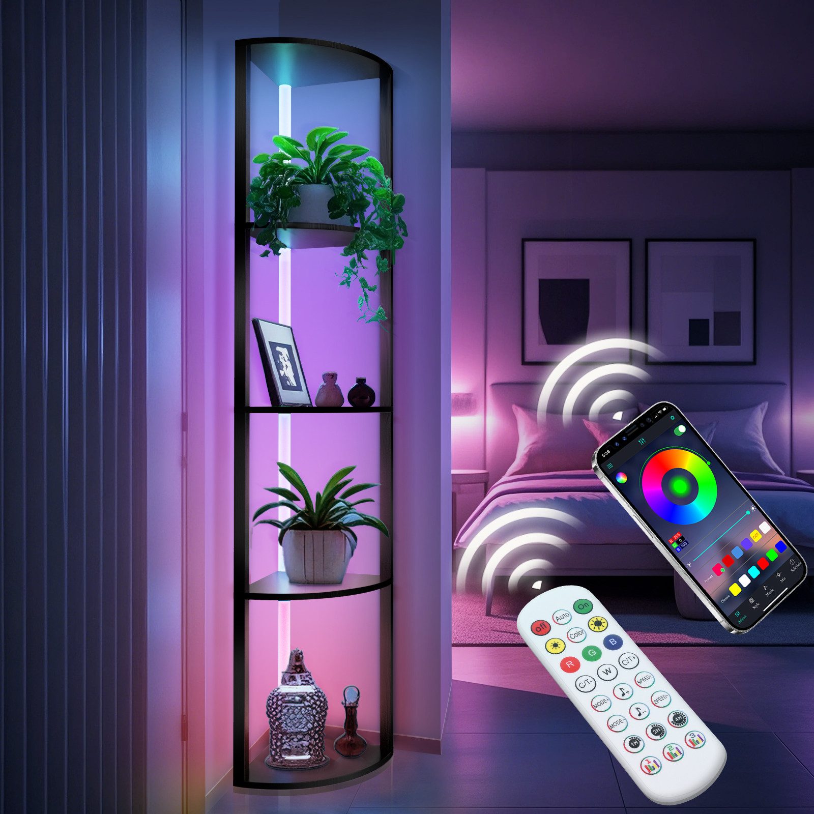 XERSEK LED Stehlampe Stehleuchte mit Regal 160cm, 6 Farbtemperatur Standleuchte, mit 4-Ebenen APP und Fernbedienung für Wohn-/Schlafzimmer