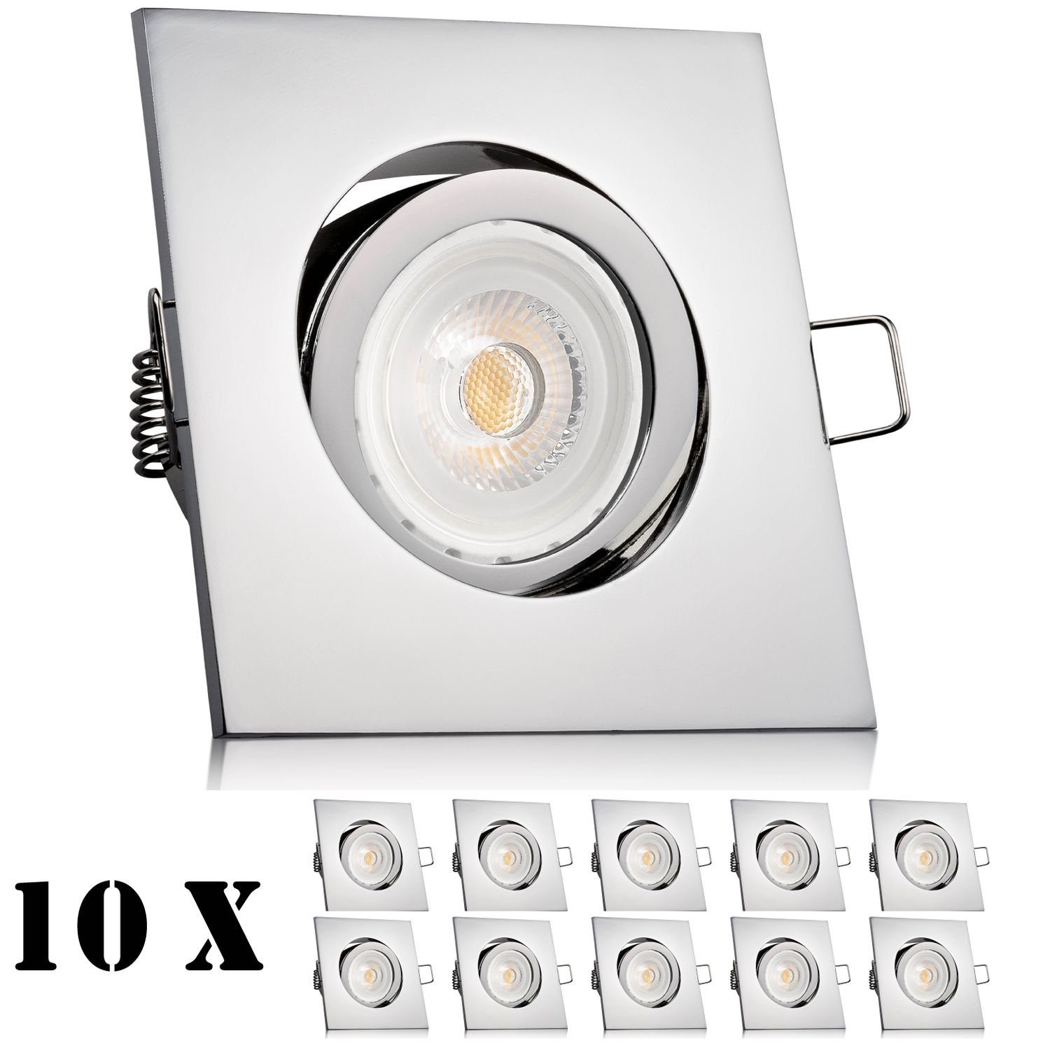 LEDANDO LED Einbaustrahler 10er LED Einbaustrahler Set Chrom mit LED GU10 Markenstrahler von LEDA