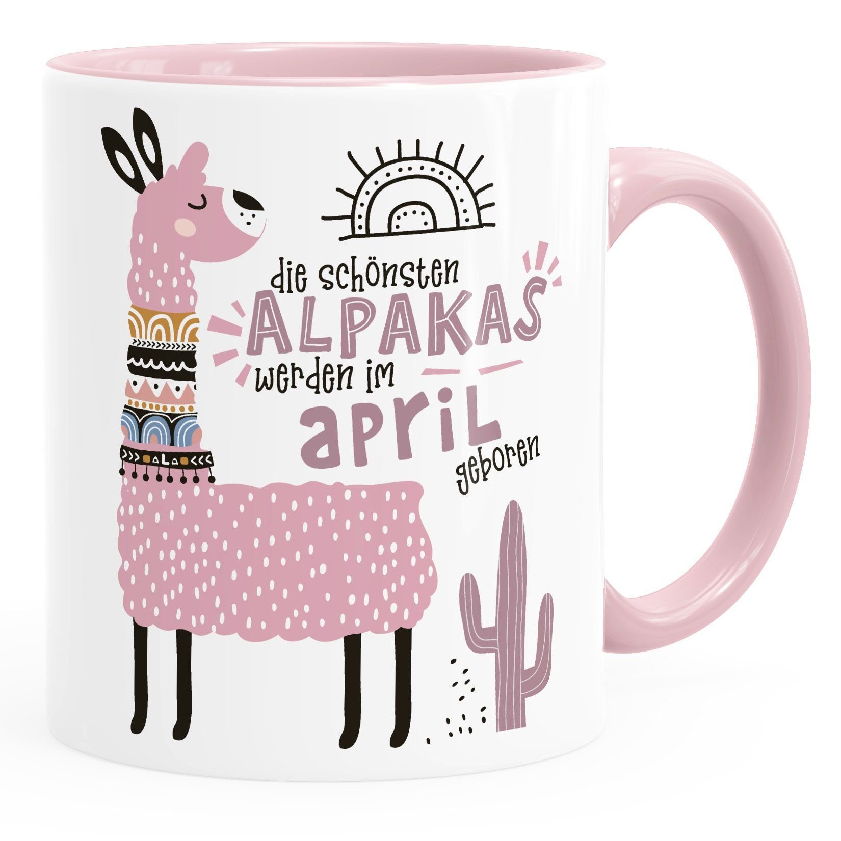 Tasse Januar-Dezember SpecialMe geboren April Keramik werden Kaffee-Tasse Schönsten rosa individuelle Motiv anpassbares Geburtags-Geschenke im Lama Rosa Alpakas SpecialMe®, Die Geburtsmonat