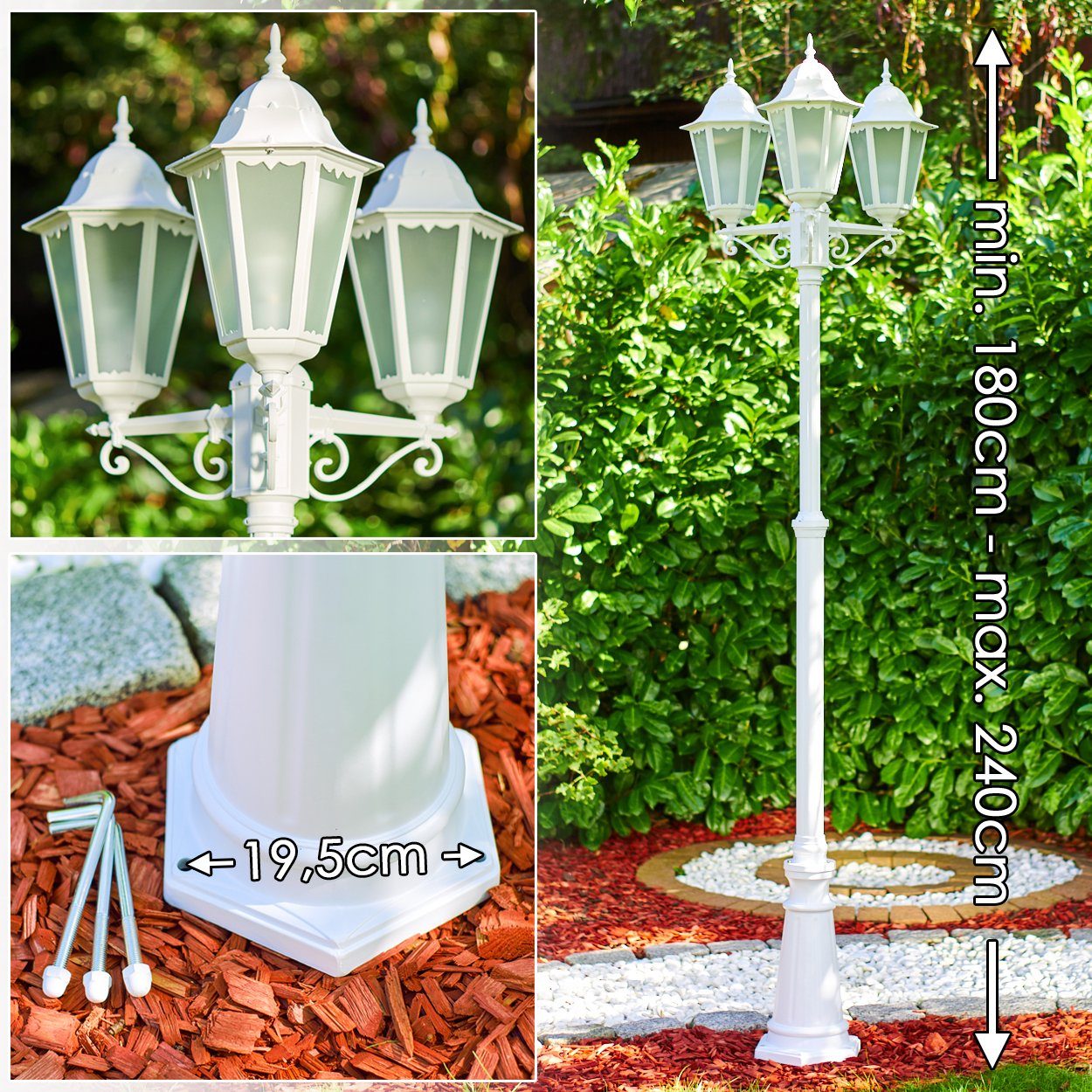 hofstein Außen-Stehlampe »Fabiano« Außenleuchte Kandelaber in antikem Look, Aluguss in Weiß, ohne Leuchtmittel, mit Milchglas-Scheiben, 3-armig, höhenverstellbar, E27, IP44