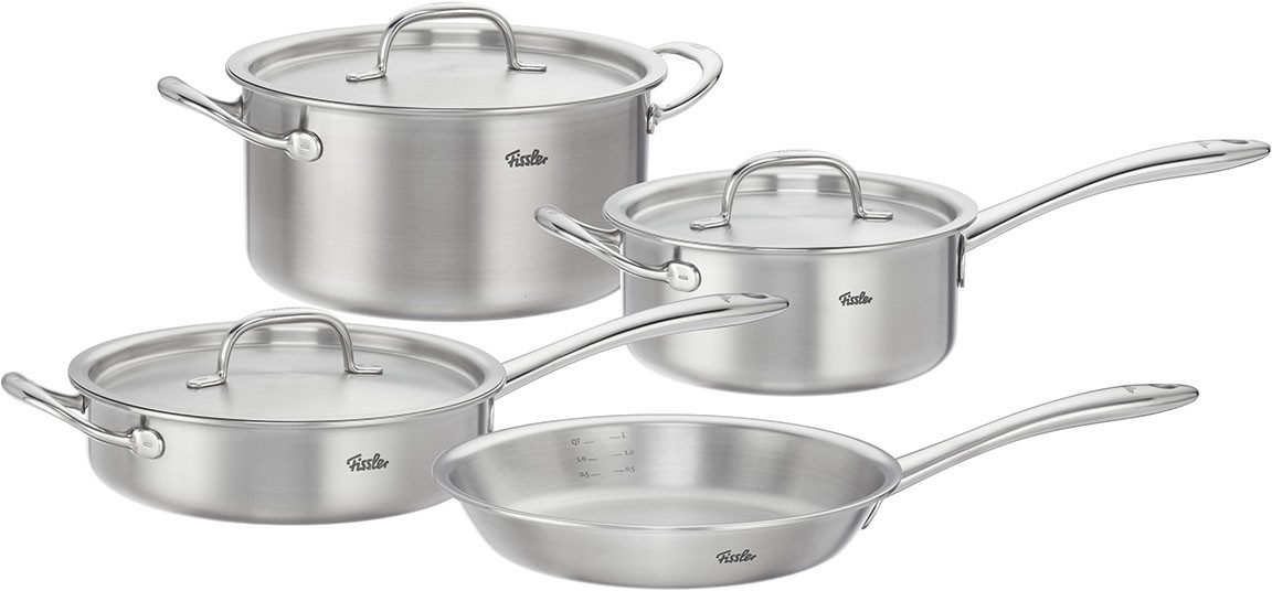Fissler Topf-Set Fissler M5 Pro-Ply®, Edelstahl-Topfset (7-teilig), Edelstahl 18/10 (Set, 7-tlg., 7-teilig: Bratpfanne, Kochtopf, Sauteuse und Stielkasserolle), 7-teiliges Premium Kochgeschirr mit Pro-Ply™ Technologie