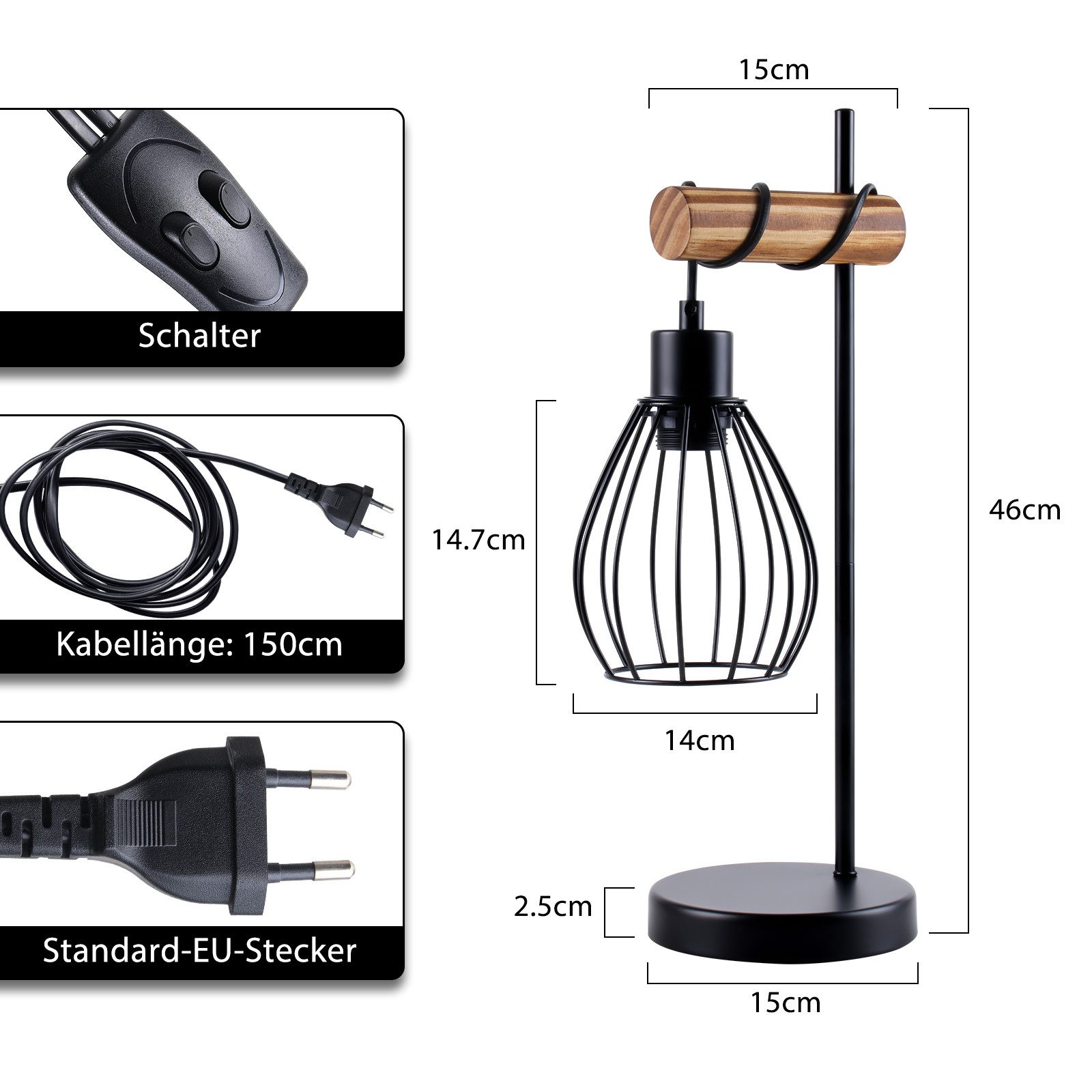 Nettlife Tischleuchte Vintage Industrie Metall Holz Schwarz E27 50cm Retro Nachttischleuchte, mit Kippschalter, LED wechselbar, ohne Leuchtmittel, Wohnzimmer Schlafzimmer Kinderzimmer Esszimmer